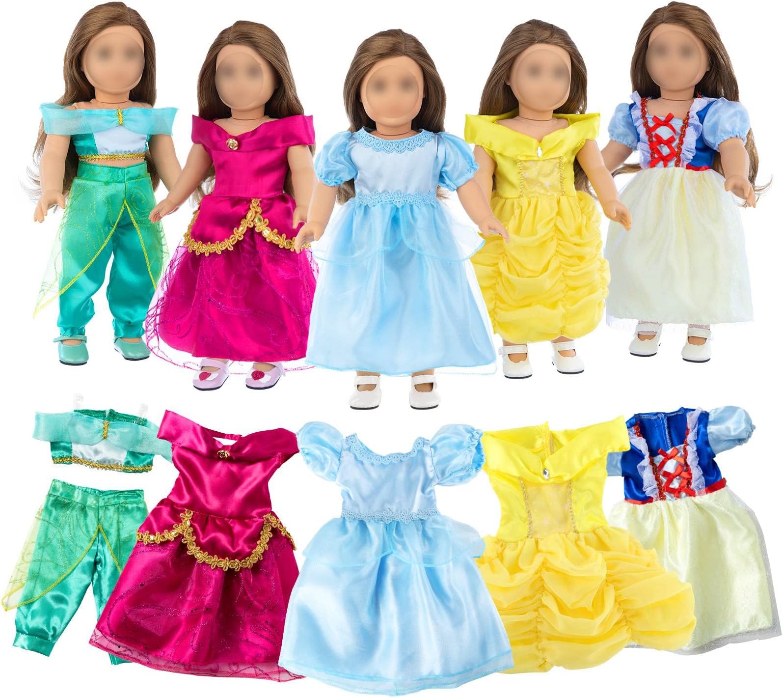 American 18 inch Doll Dress Accessories-5 Sets Cosplay Princess Dress Include Snow White๏ผCinderella๏ผBelle๏ผJasmine๏ผAurora Fits American 18 inch Dolls