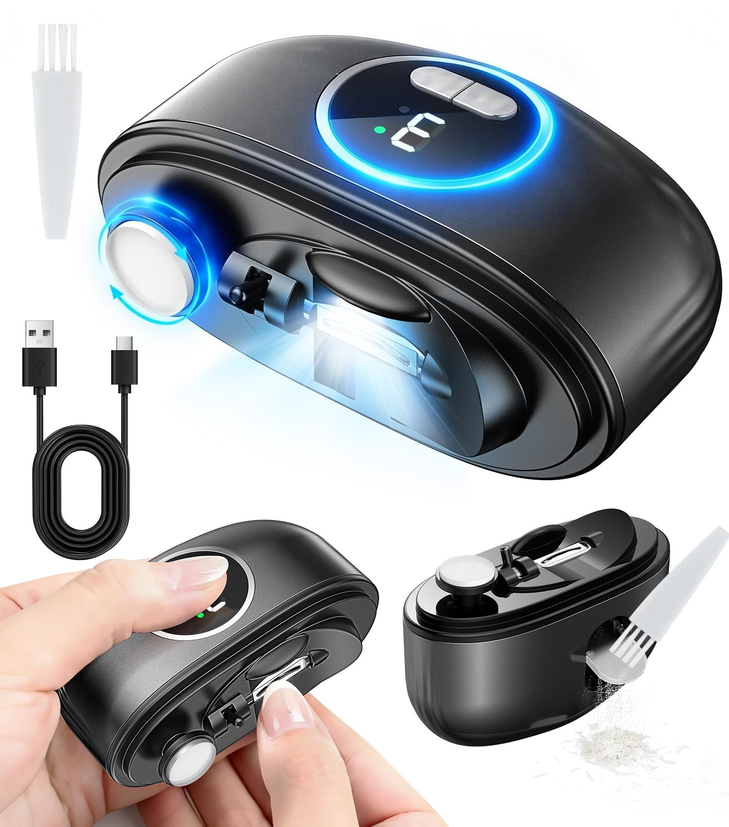 AREDAN 電動爪切り 2種刃で厚い爪・薄い爪・足の爪に対応 深爪防止の安全設計 自宅で整う精修ケア 3段階スピード 夜でも見やすいLEDライト搭載 静音 Type-C充電 爪くず自動収納・飛び散り防止 電動つめきり 大人・子供 全世代対応 ブラック