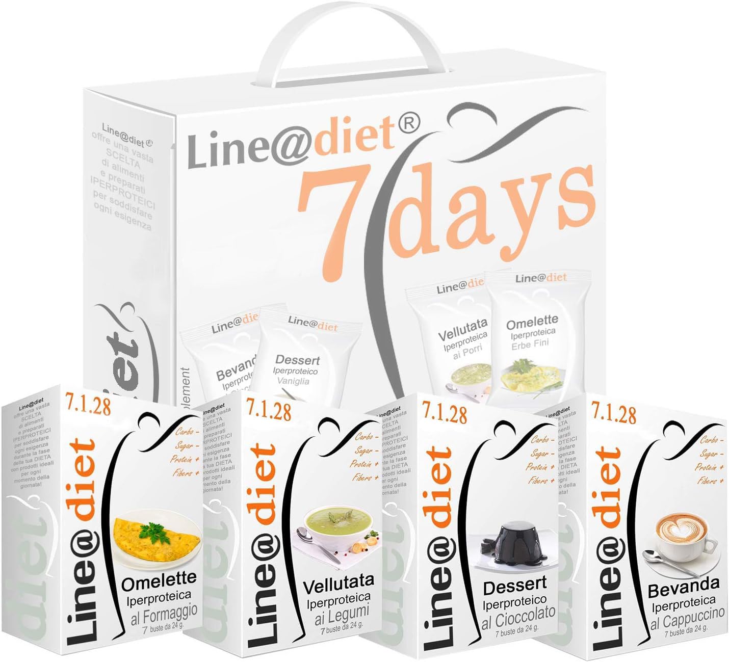Alimentos proteicos Line@diet en una caja completa para 7 días: opción MISTO B = 28 preparados proteicos (bolsas de proteínas) sin carbohidratos ni azúcar.