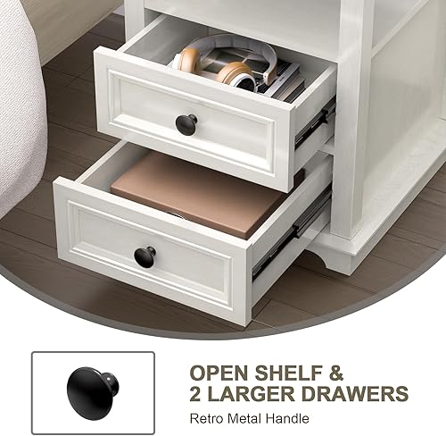 Miniatura 9 de Mesa auxiliar con estación de carga rápida USB C, mesa auxiliar de sofá de 24 pulgadas de alto con 2 cajones, armario de almacenamiento cuadrado de