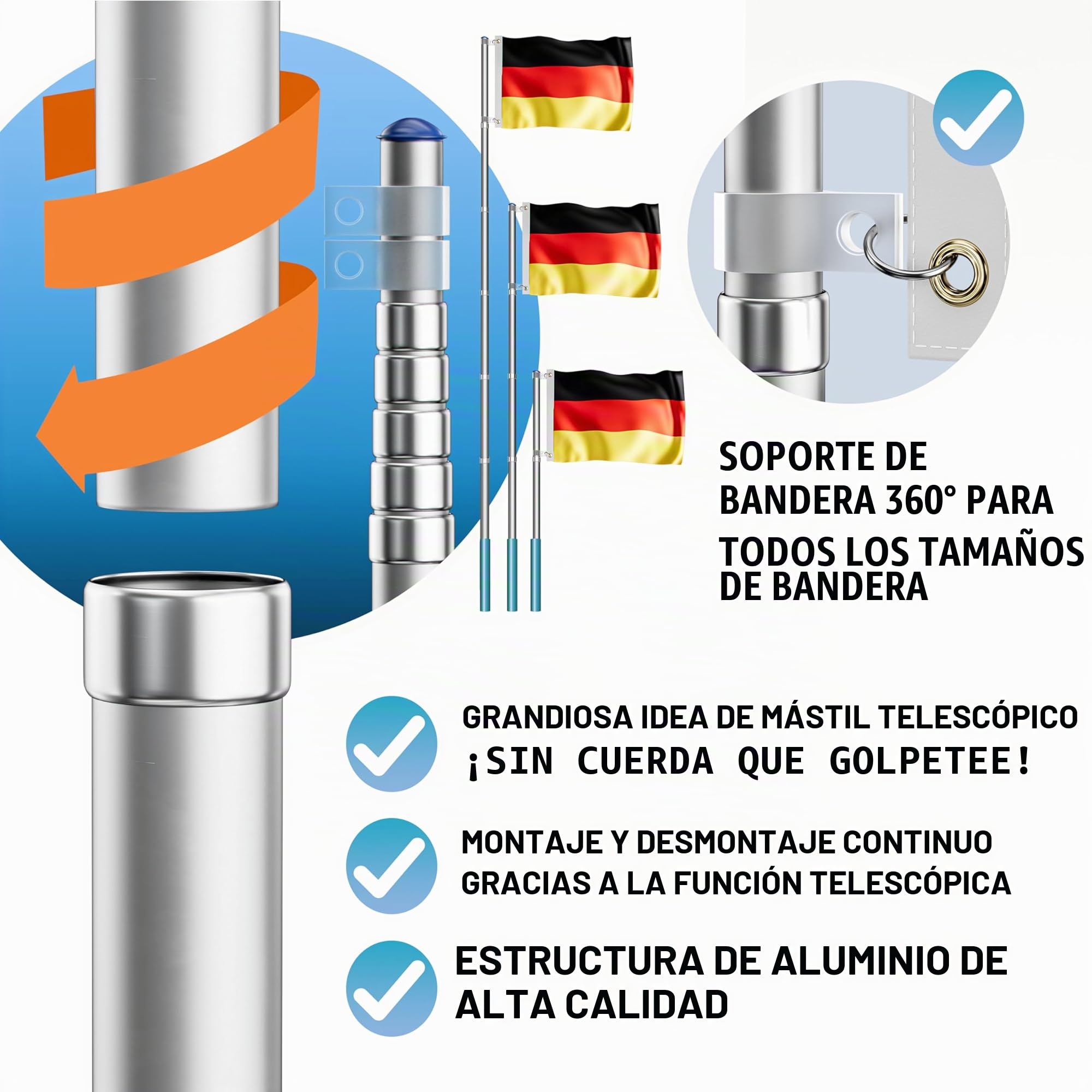 MONZANA® Asta Bandera Aluminio 6,30m Telescopica incl. Anclaje Suelo 60cm Bandera España Española