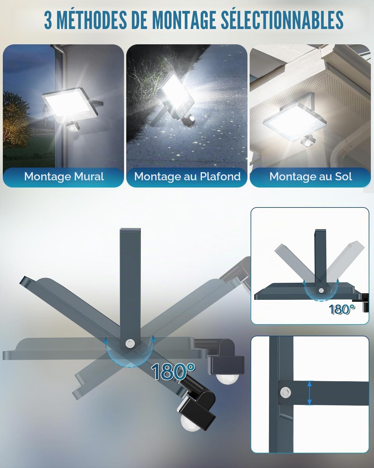 Spot LED Extérieur Detecteur de Mouvement 100W, Projecteur LED Extérieur avec Détecteur 10000LM Ultra Lumineux, 6500K Blanc Froid, Étanche IP66, Lampe Exterieur pour Jardin/Patio 2 Pièce