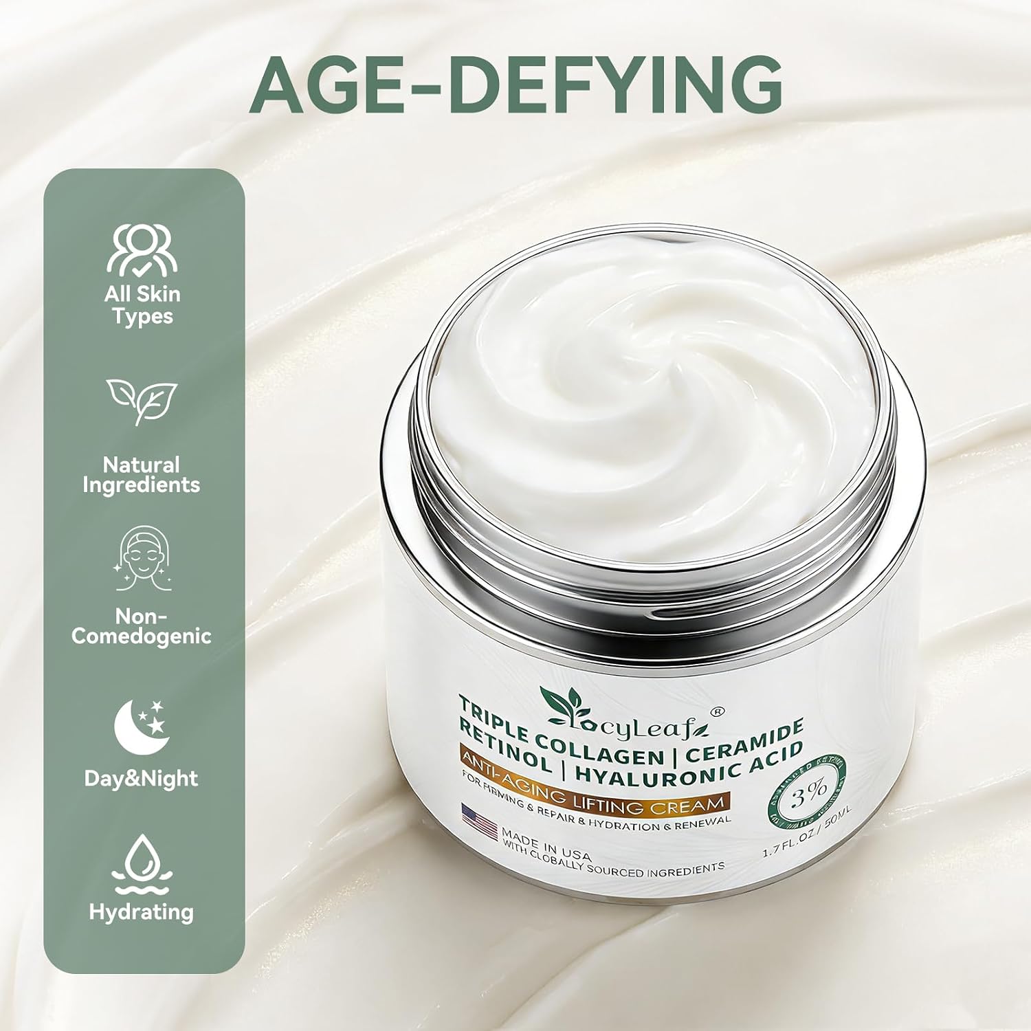 Retinol Cream, Anti-Aging Face Moisturizer, Anti-Wrinkle, Smooth Fine Lines, Hydrating, Collagen, Hyaluronic Acid, Day and Night Skin Care, Suitable for Face and Neck -Made in USA-1.7 fl oz