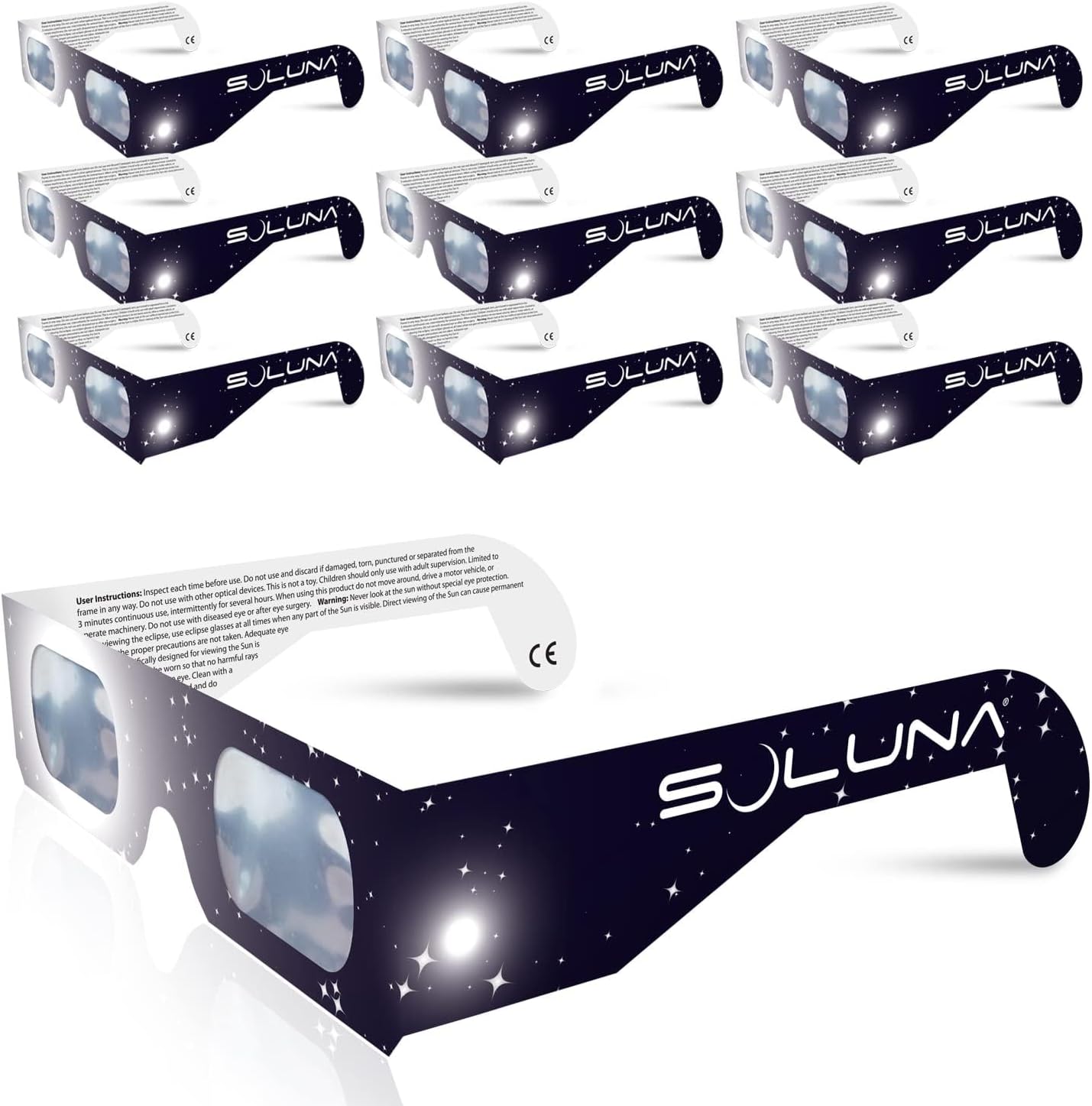 Solar Eclipse Glasses - CE and ISO Certified Safe Shades for Direct Sun Viewing - Made in the USA (10 Pack)