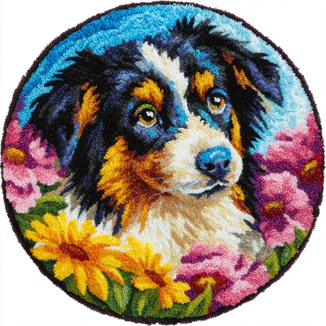 Rqwybcaxn DIY Latch Hook Rug Kit for Teens Animal Embroidery Kit Cartoon Border Collie 80x80cm Round Tapestry with Crochet Hook Study Craft Gift
