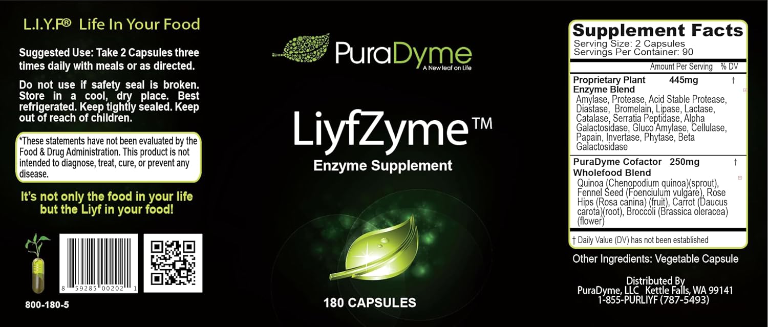 LiyfZyme Plant Based Digestive Enzyme Supplement - 180 Veggie Caps. PuraDyme By Lou Cornoa.