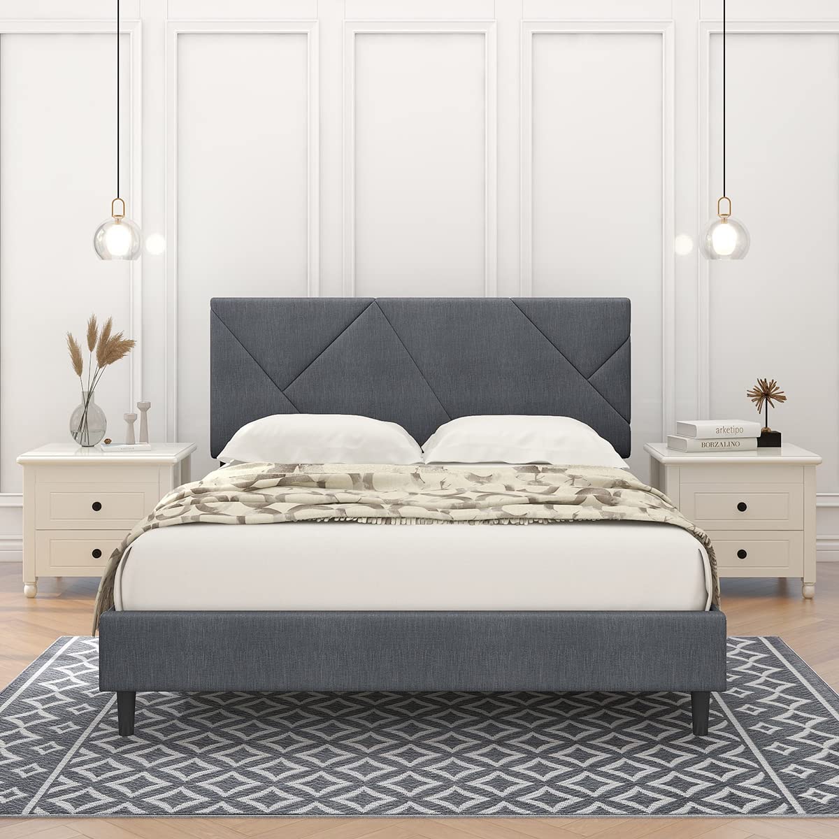 queen size platform bed frame, sqaure upholstered bed frame with headboard, wood slat support, mattress foundation, no box spring needed, easy assembly (dark grey, queen)