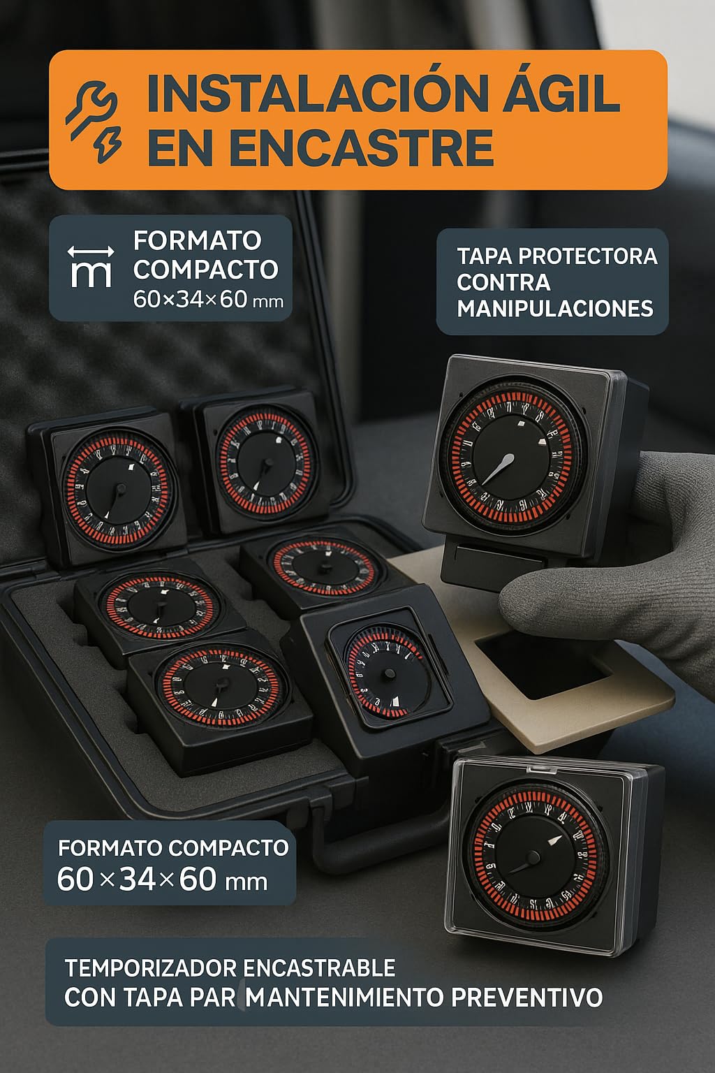 RO Linea Blanca ® Reloj Temporizador Programador Horario 24H Ciclo 15’ Desescarche 16A 230V Encastrable Con Tapa DCR24H Para Cámaras Frigoríficas Hostelería Frío Industrial Técnicos Mantenimiento