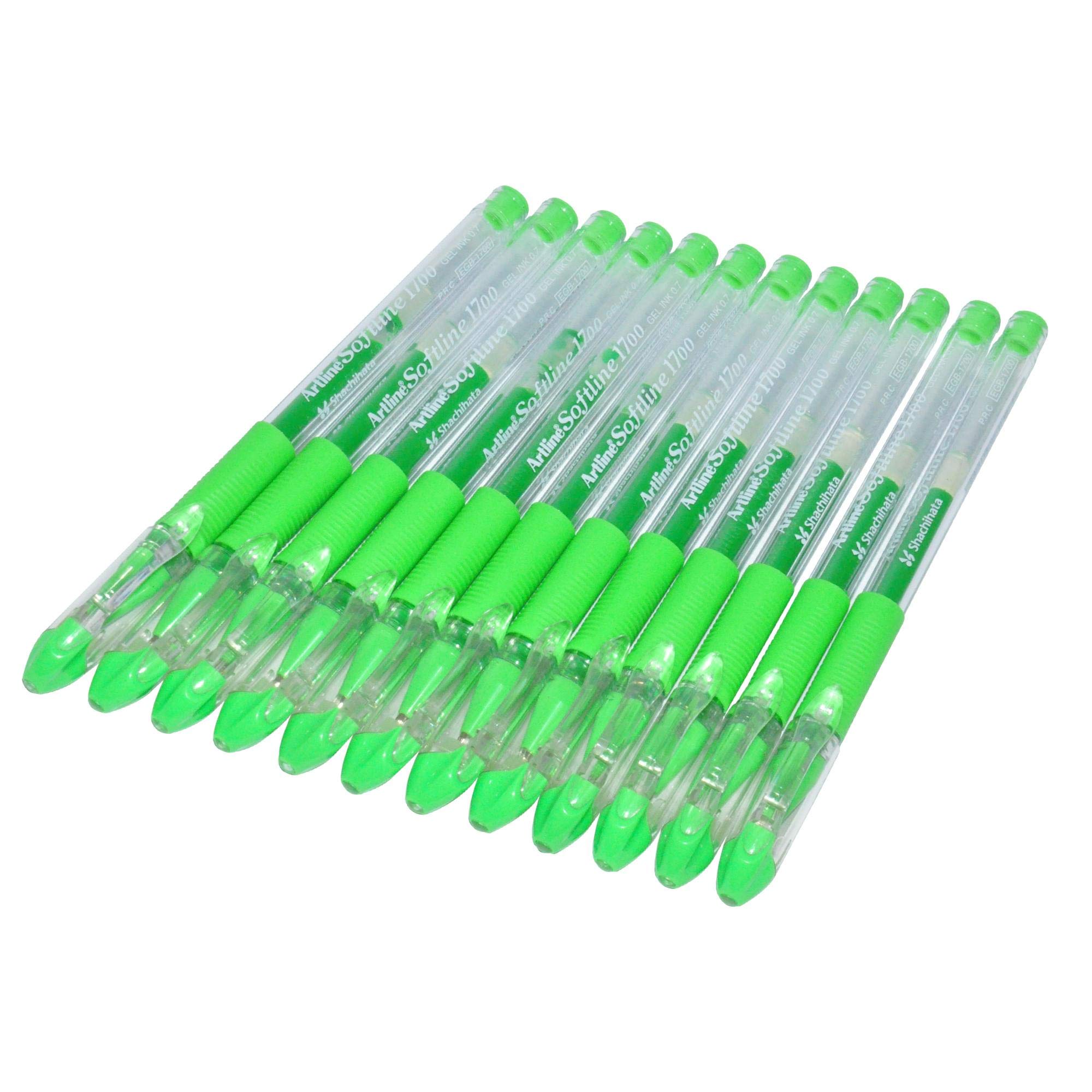 artline Softline 1700 Gel Pen, 0.7mm, Pack of 12 Pieces, Fluoro Green, Rubberised Soft Grip - ARBNEGB-1700FGR