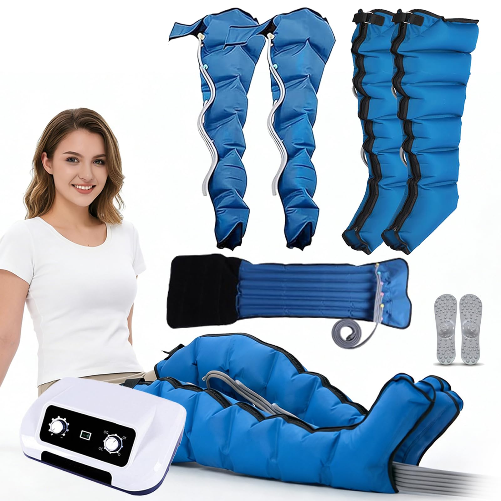 Generico Pressoterapia Professionale per Casa, 6 Camere Gambali Pressoterapia Linfodrenaggio Gambe Addome E Braccia, Massaggiatore per Rilassamento Total Body (Blue, XL 2 Legs + 2 Arms + Waist)