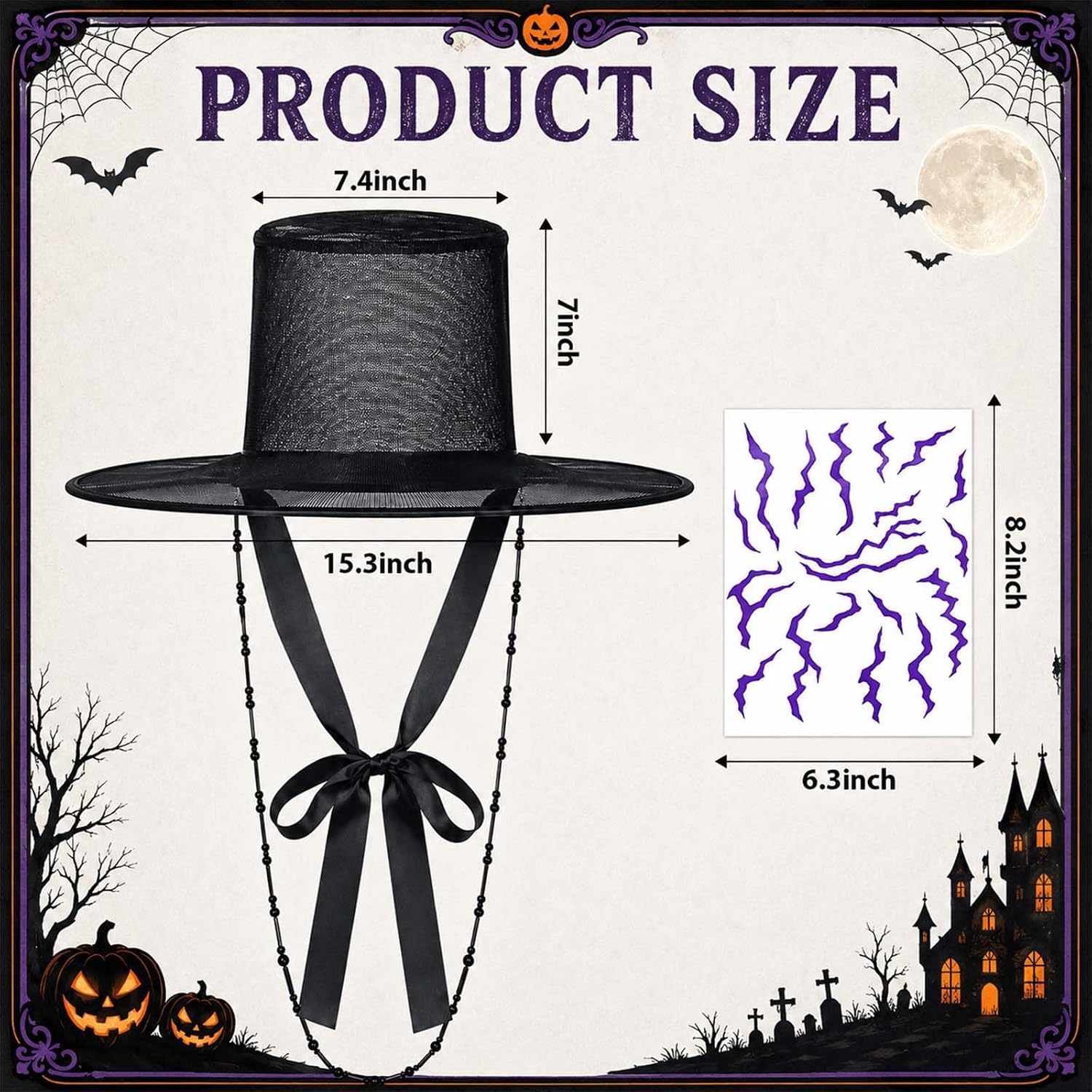 2 Pcs Halloween Accessories with Wide Brim Hat and Purple Face Tattoos