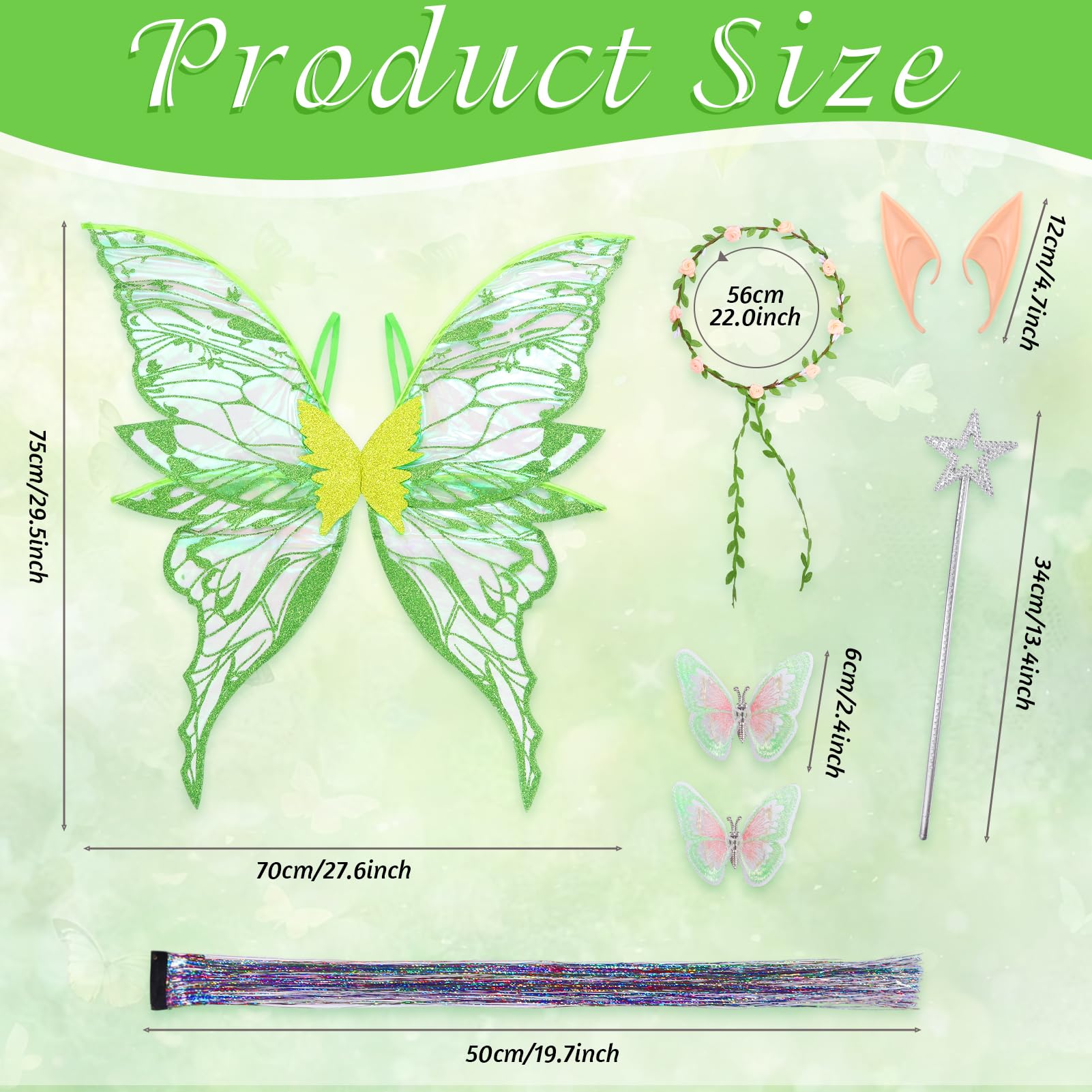 HarnyLoom Halloween Accessories Adult, Fairy Wings Fairy Wand Elf Ears Flower Headband Butterfly Hair Clips Hair Tinsel - Image 2