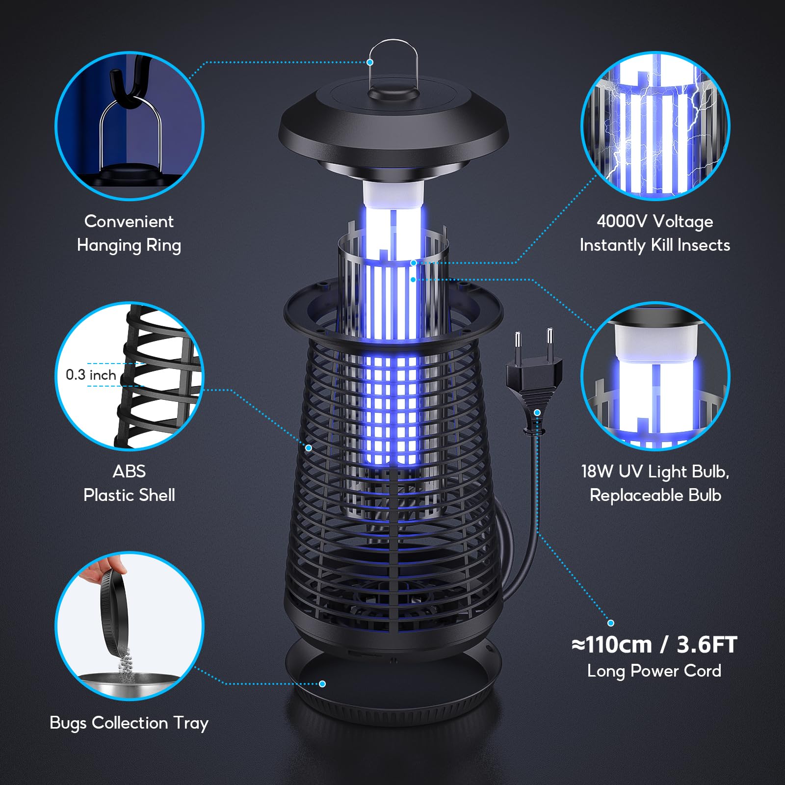 Zapper Elettrico Per Insetti, 4200V Ad Alta Tensione All'aperto Killer Di Zanzare, 20W Lampada A Led Killer Di Zanzare, Giardino Di Casa Cortile Campeggio Interno