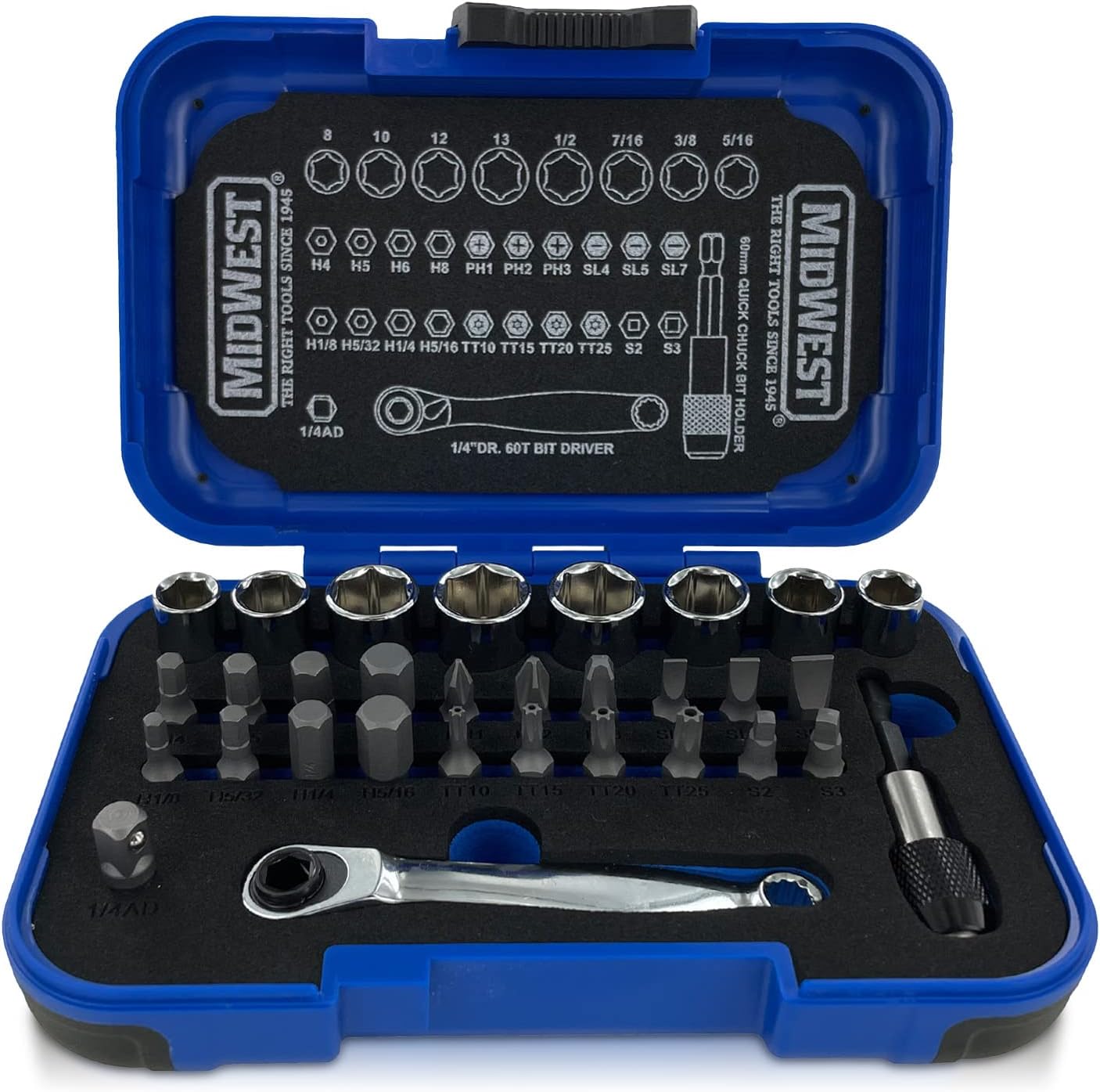 MIDWEST Mini Socket Bit Set - 1/4" Reversible Socket Wrench 31 Piece Set with Metric and Standard (SAE) Bits & Magnetic Quick Bit Holder - MWT-MSBSET01