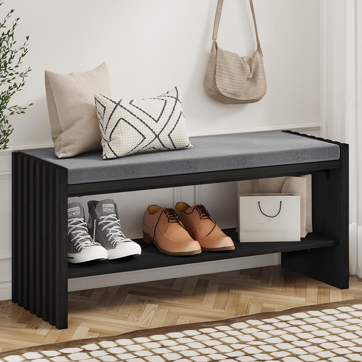 BON AUGURE 40" Entryway Shoe Bench with Storage & Cushion, Modern Fluted Shoe Rack for Mudroom, Sturdy Wooden Hallway Bench with 360 lbs Capacity, Black Oak