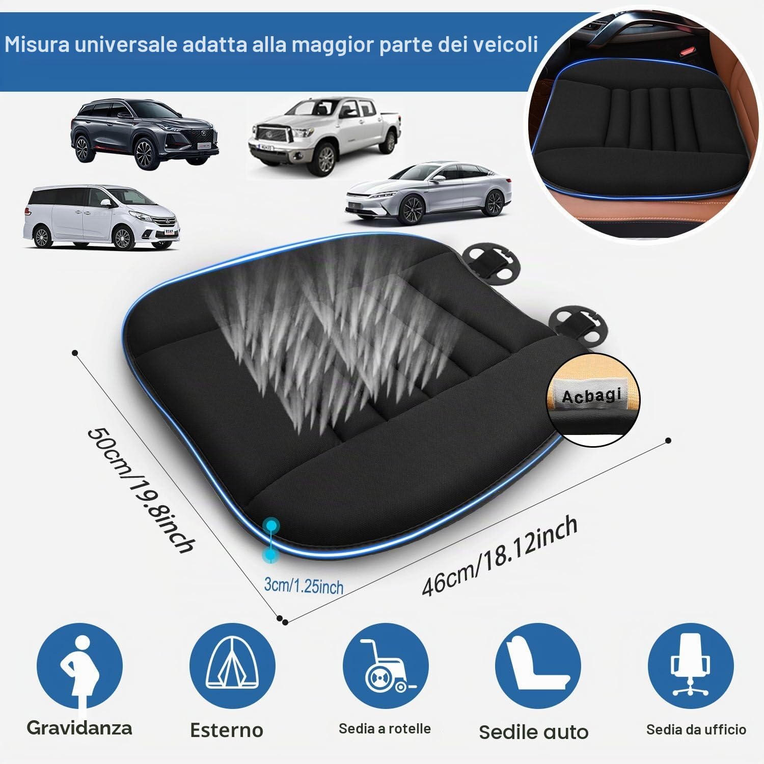 ACBAGI - Cuscino per sedile auto, cuscino per sedile del conducente con 1,2 pollici di memory foam confortevole per auto, sedia da ufficio e sedia di casa