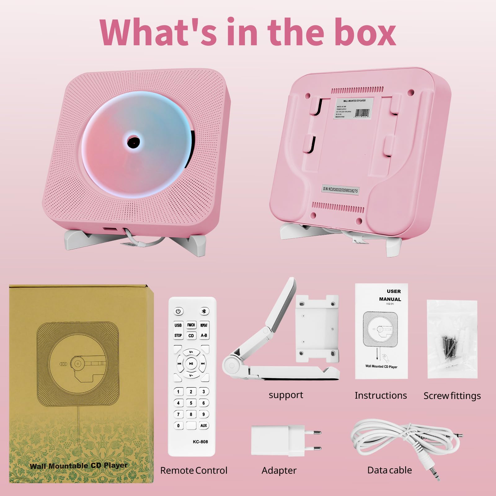 CD Spieler mit Bluetooth Wand und Tischmontage Multifunktional Tragbarer CD Player mit HiFi-Lautsprechern Musik CD-Player Unterstützt AUX/USB für Geschenk (Rosa)
