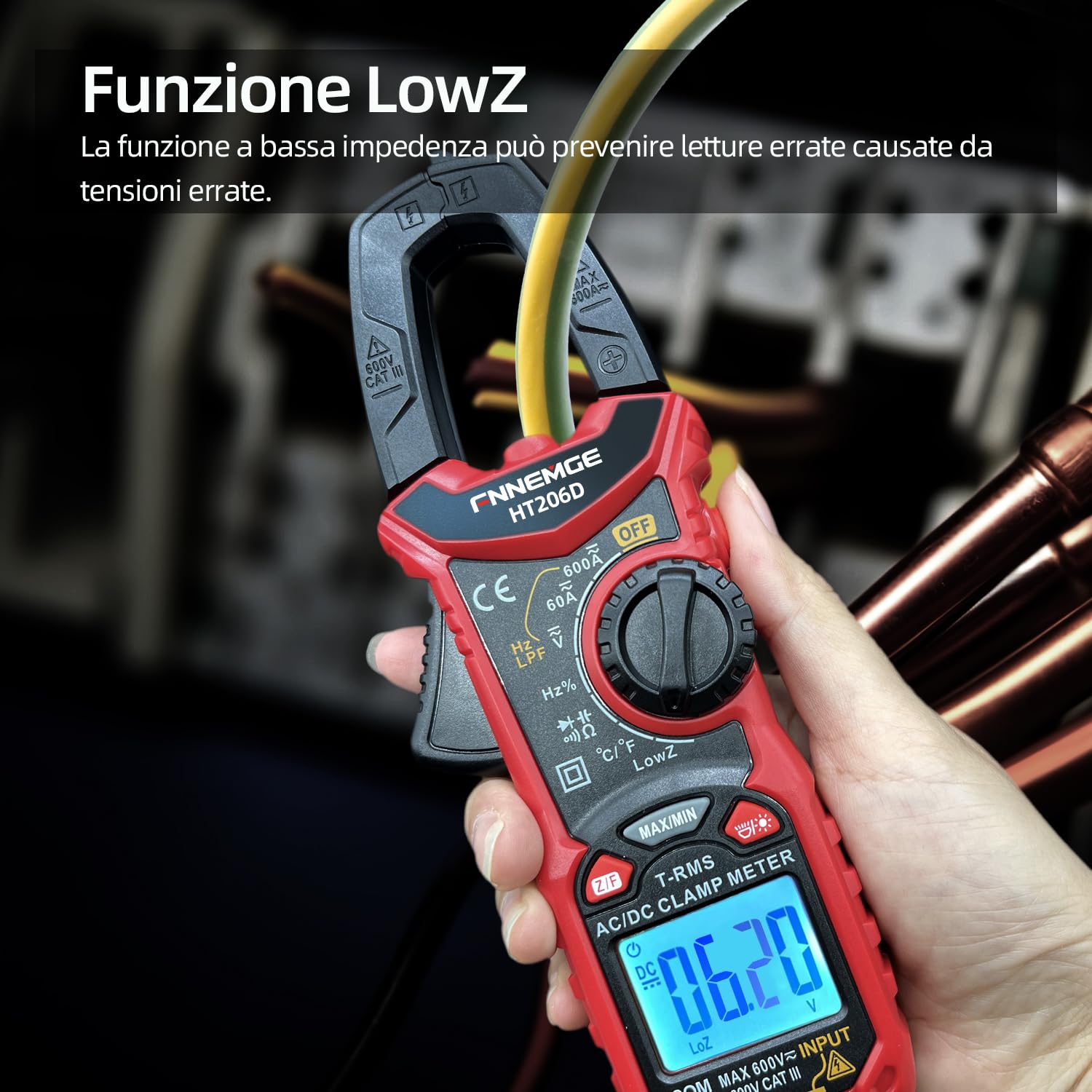 FNNEMGE HT206D - Pinza amperimétrica, Misuratore di Corrente DC/AC: 0-600A, Multimetro a pinza True-RMS 6000 Counts auto-Classificazione, Misura la Capacità di Passaggio (Corrente AC/DC)