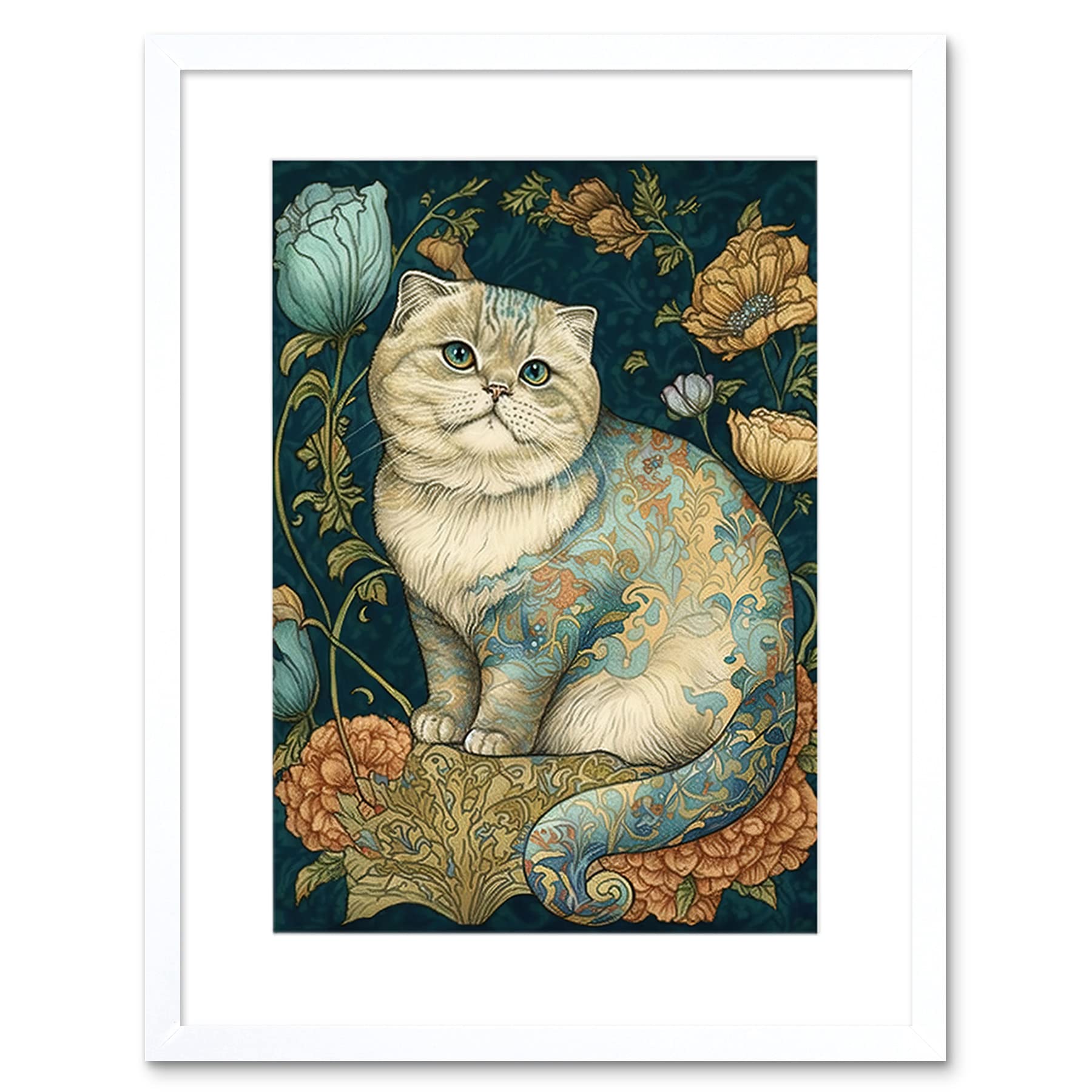 William Morris Inspired Cat Floral Art Print - Artery8 - Colourful Modern Artwork Framed 7x9 Inch