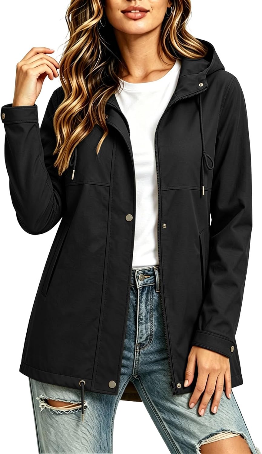 Anorak Jacket for Women Button Front Hooded Zip Up Trench Coat | Women's Mid Length Rain Jacket with Cinch Waist, Snap Pocket, Long Sleeve for Fall Spring Travel Casual Wear