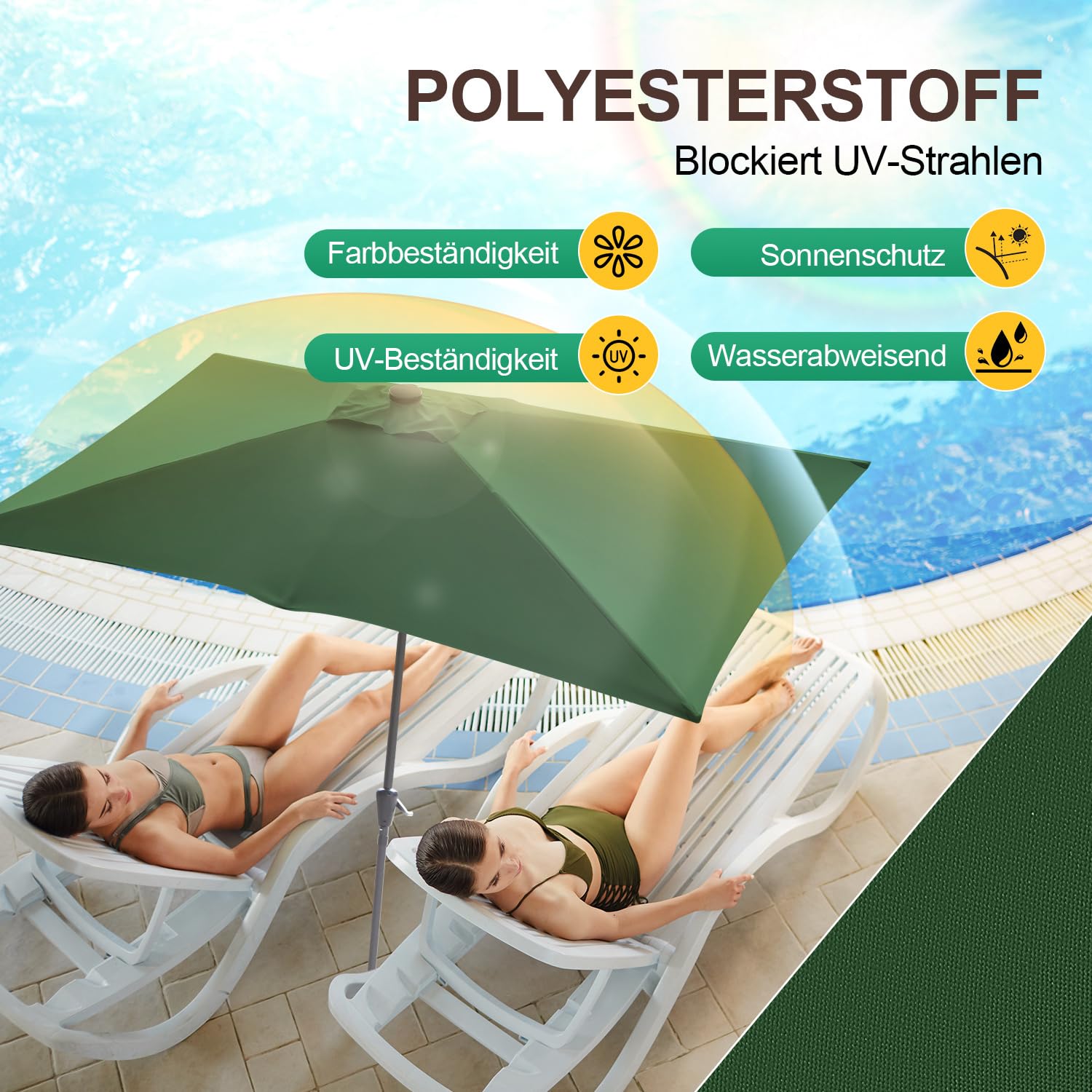 Parasol 1,4x2,1/2x3 m, UV50+, Parasol z korbą i regulacją pod kątem 30°, 160g/m² poliestru, bez podstawy, duży parasol z korbą do basenów, balkonów i ogrodów, z LED/bez LED