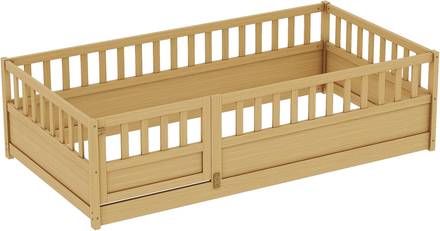 Bellemave Twin Size Floor Bed with Fence and Door, Twin Size Montessori Floor Bed with Rails, Easy Assemble Montessori Beds Frame for Bedroom, Natural