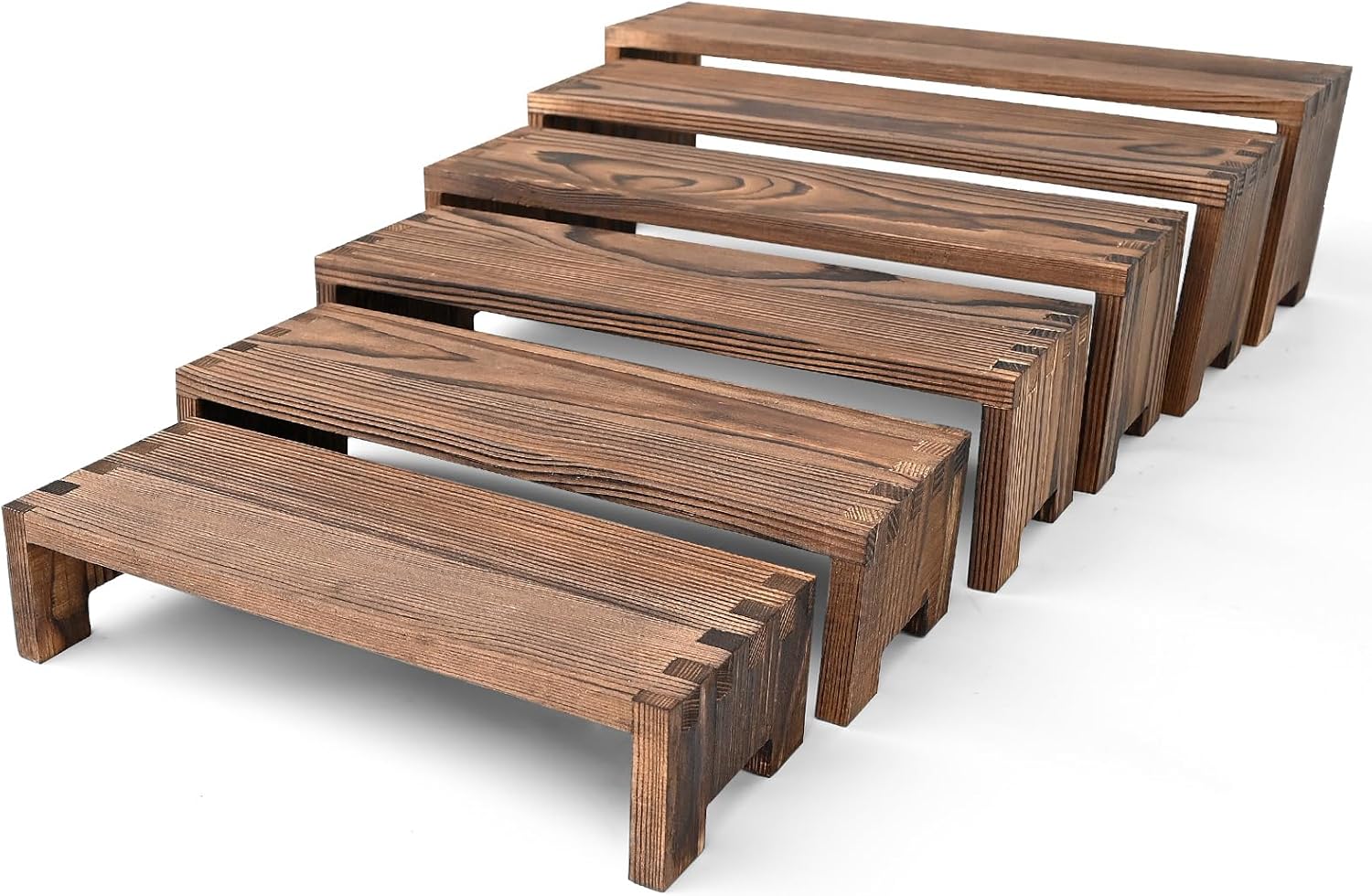 6 Pack Small Wood Display Risers, Cologne Perfume Organizer Stand, Wooden Cupcake Stand Holder, Dessert Table Display Set Shelf for Figures, Party Riser Stand for Decoration and Organizer Men (Dark Wood, 6-Tier)