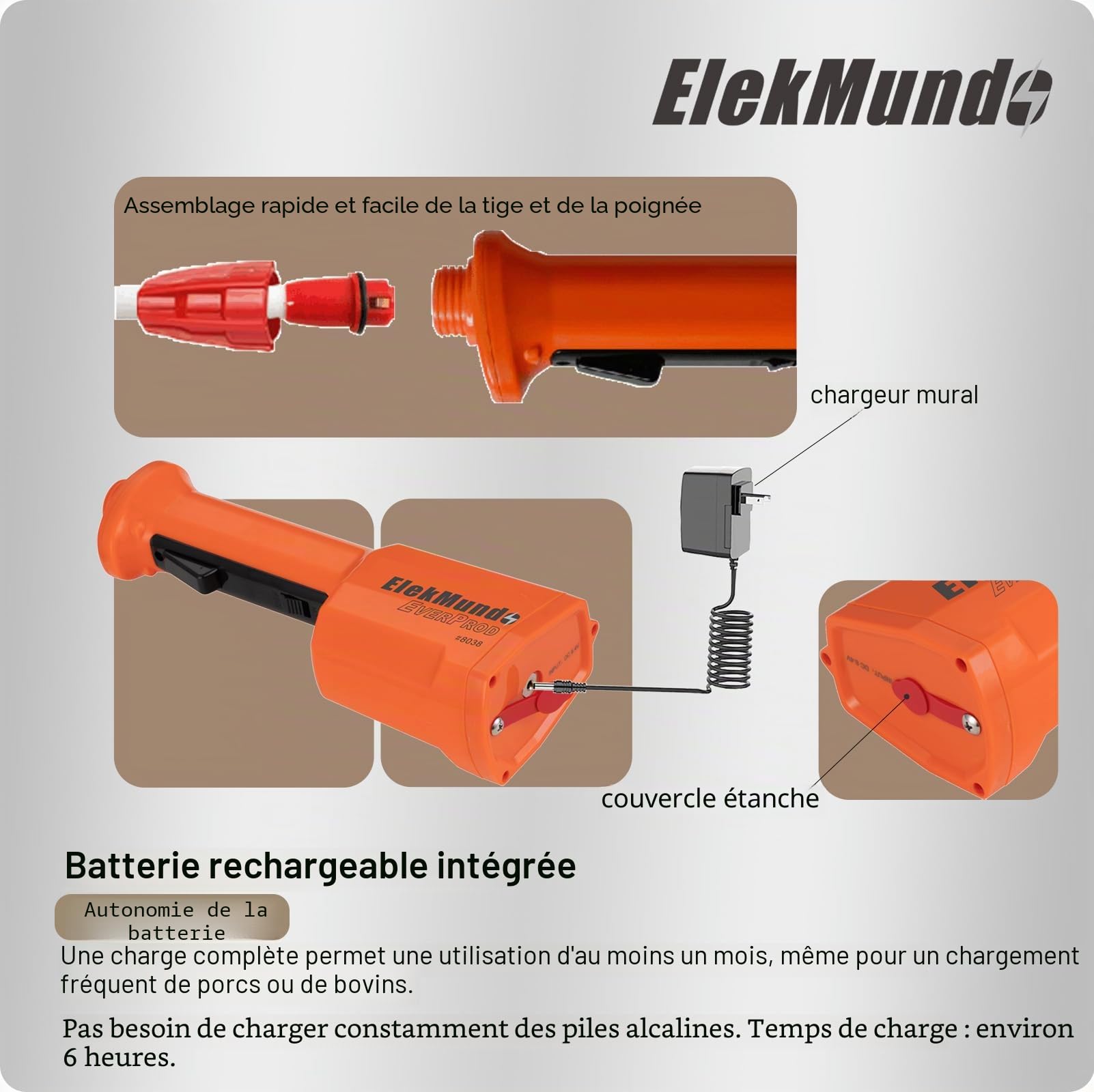 Prod à bétail étanche pour bovins, porcs, chèvres, moutons pour grands chiens, prod d'animaux électrique rechargeable, longueur totale 85,1 cm (avec manche de 58,4 cm de long)