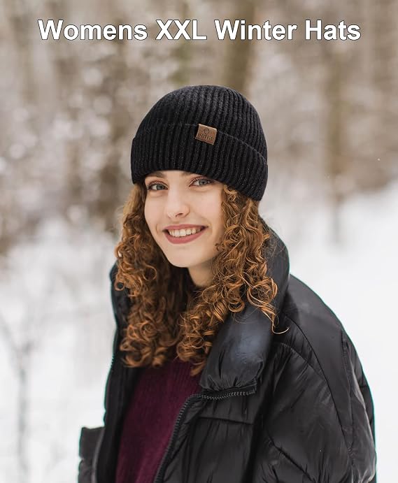 Oversize XXL Beanie Hat for Big Heads 23.6-25.6, Large Winter Knit Hats Ribbed Stocking Hat Ski Skull Cap