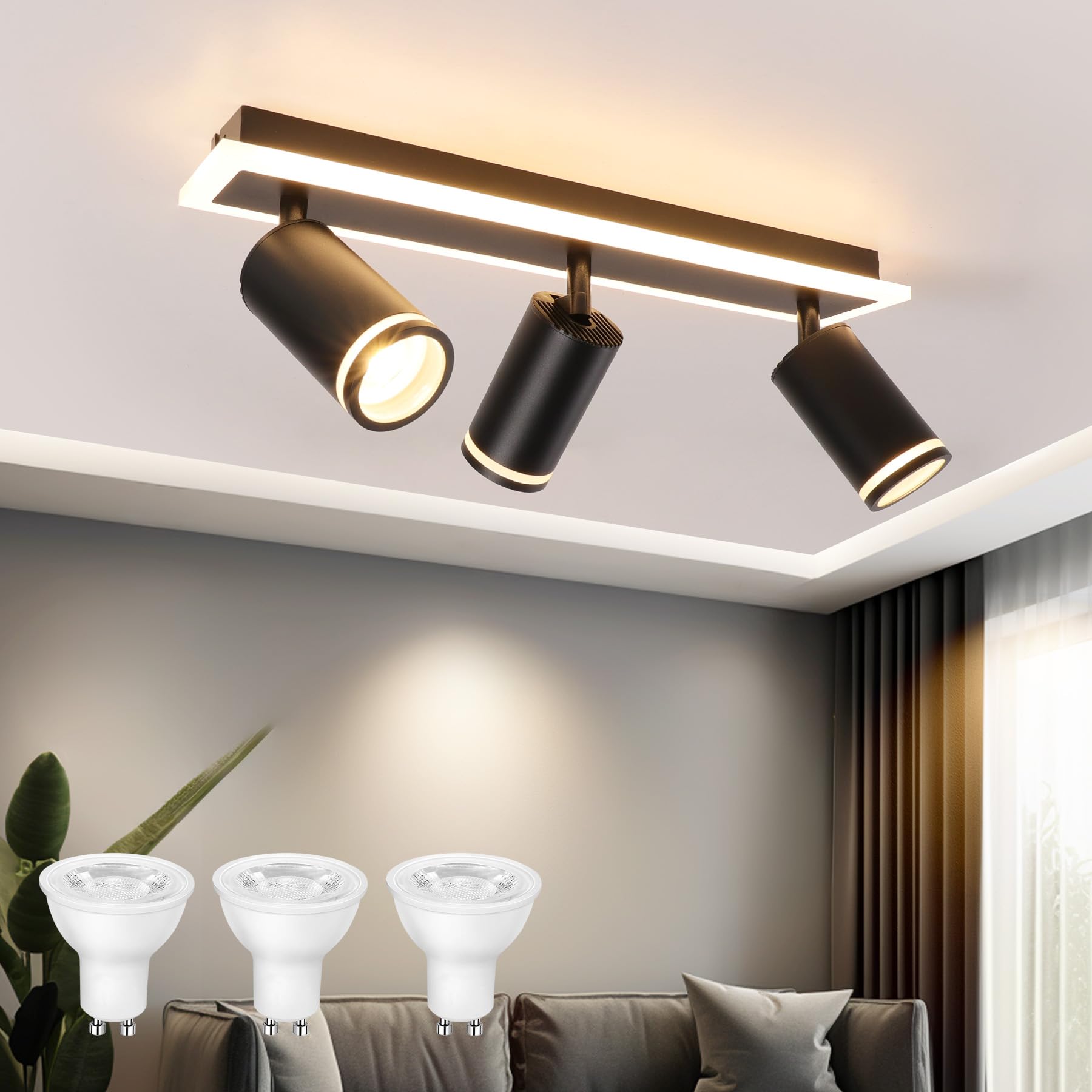 URing Deckenstrahler LED Schwarz Deckenstrahler 3 Flammig Schwenkbar 350° Deckenleuchte mit unteres Glühen 10W+ 3x5W GU10 Spots, Küchenlampe GU10 Deckenlampe Spots Deckenleuchte für Schlafzimmer
