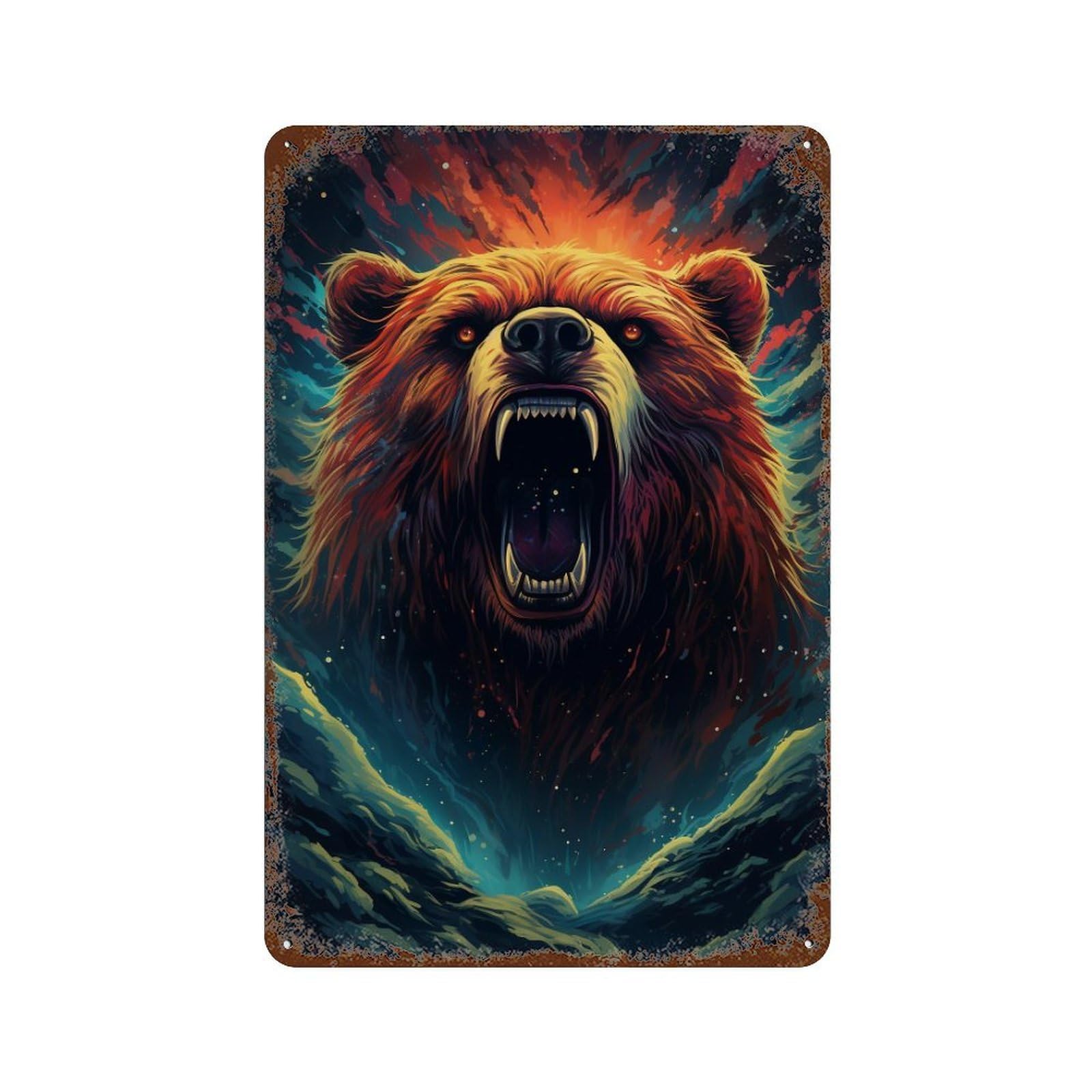 Garage Style Roaring Bear Illustration Rust Effect Tin Sign 11.8"x7.9", Shabby Chic Decor for Bar And Workshop