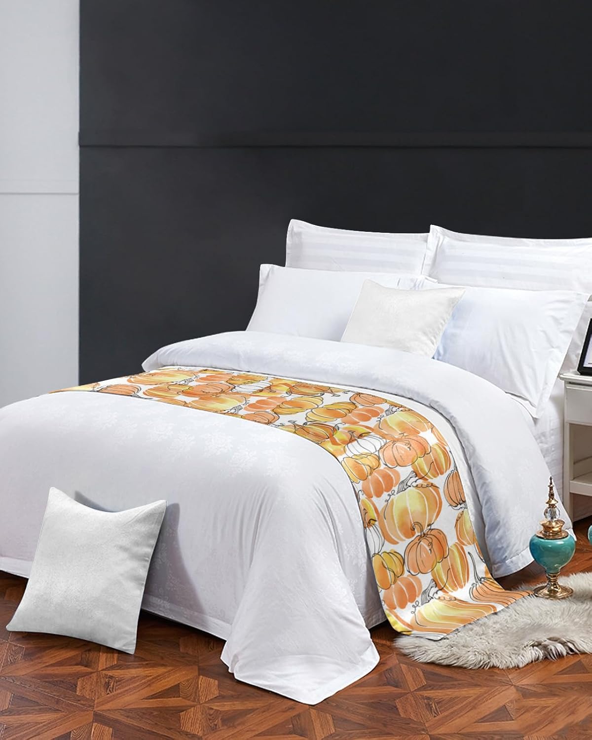 Bed Runner Scarf, Thanksgiving Fall Hand Drawn Orange Pumpkin King Bed Bedding Scarves Cover Decorative Bed Scarf for Home Hotel Guesthouse Bedroom Wedding Room Guestrooms 102"x20"