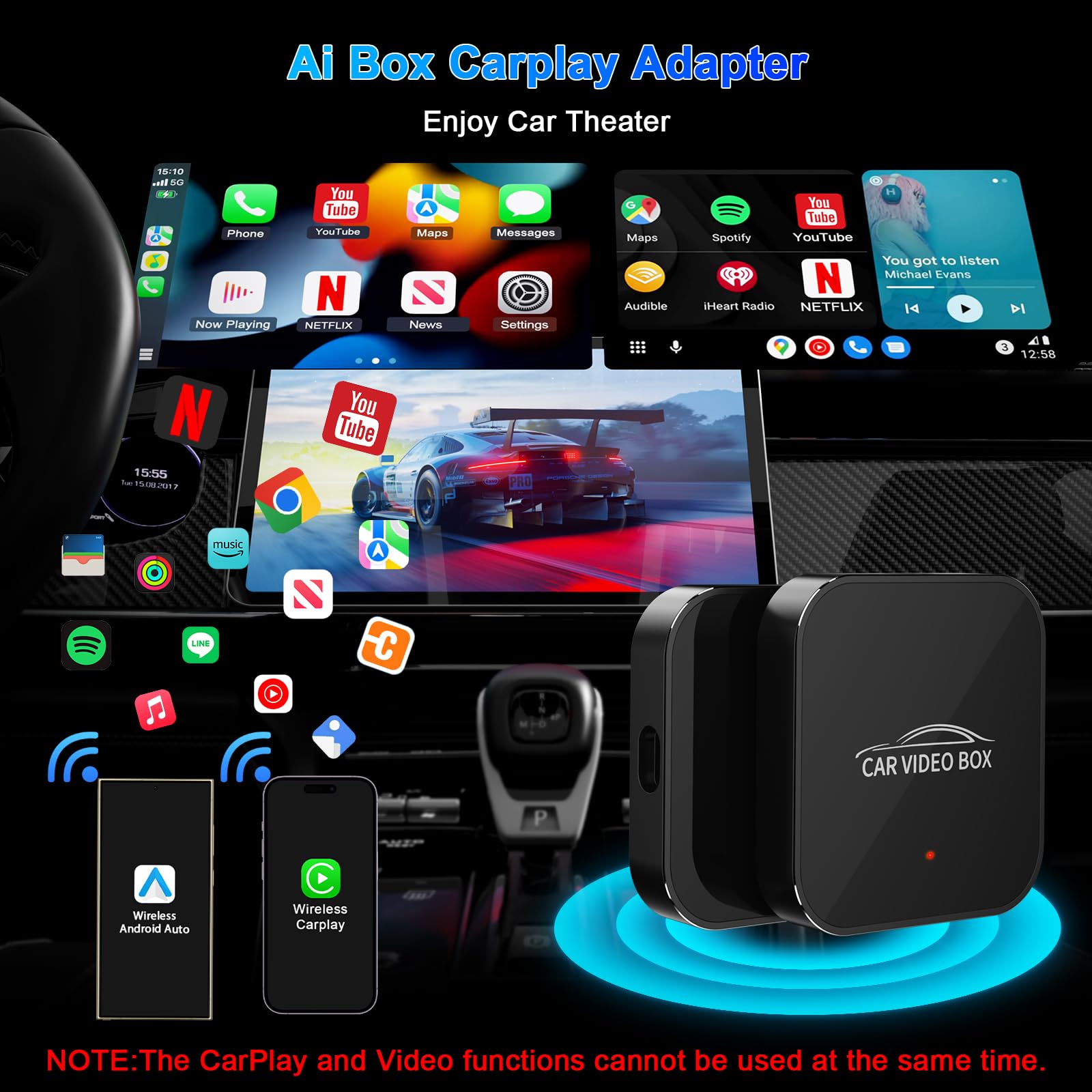 Adattatore Carplay wireless con YouTube, adattatore wireless Carplay 2024 e dongle Android Auto facile da configurare, WiFi 5GHz