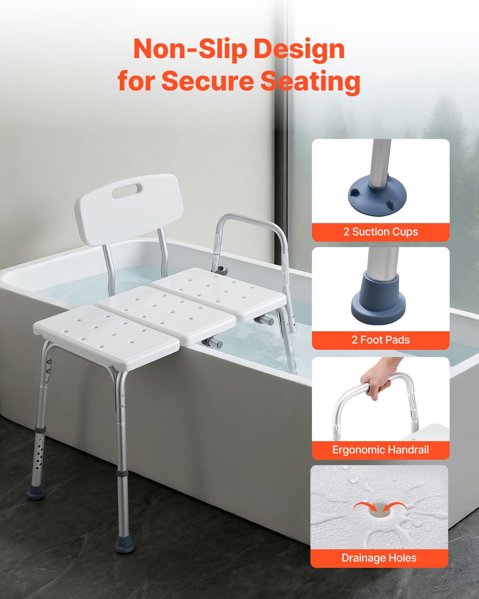 VEVOR Panca di Trasferimento per Vasca da Bagno, Sedile da Bagno con Bracciolo Schienale Carico max 180 kg, Panca per Trasferimento di 830 x 600 x 890 mm Doccia per Adulti Altezza Regolabile