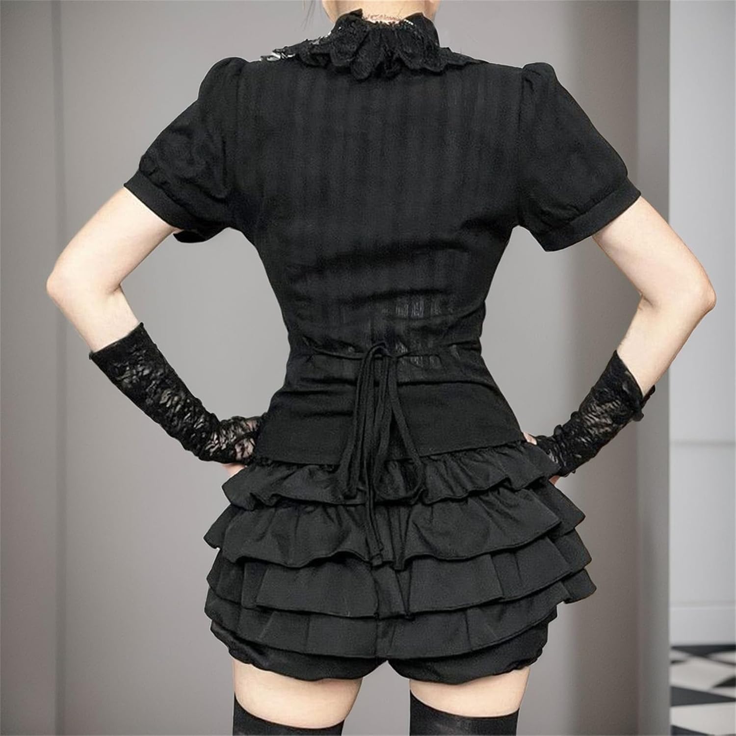 Women Grunge Goth Mock Neck T Shirt - Lace Trim Puff Short Sleeve Fitted Emo Top Tee Journey Party - Image 4