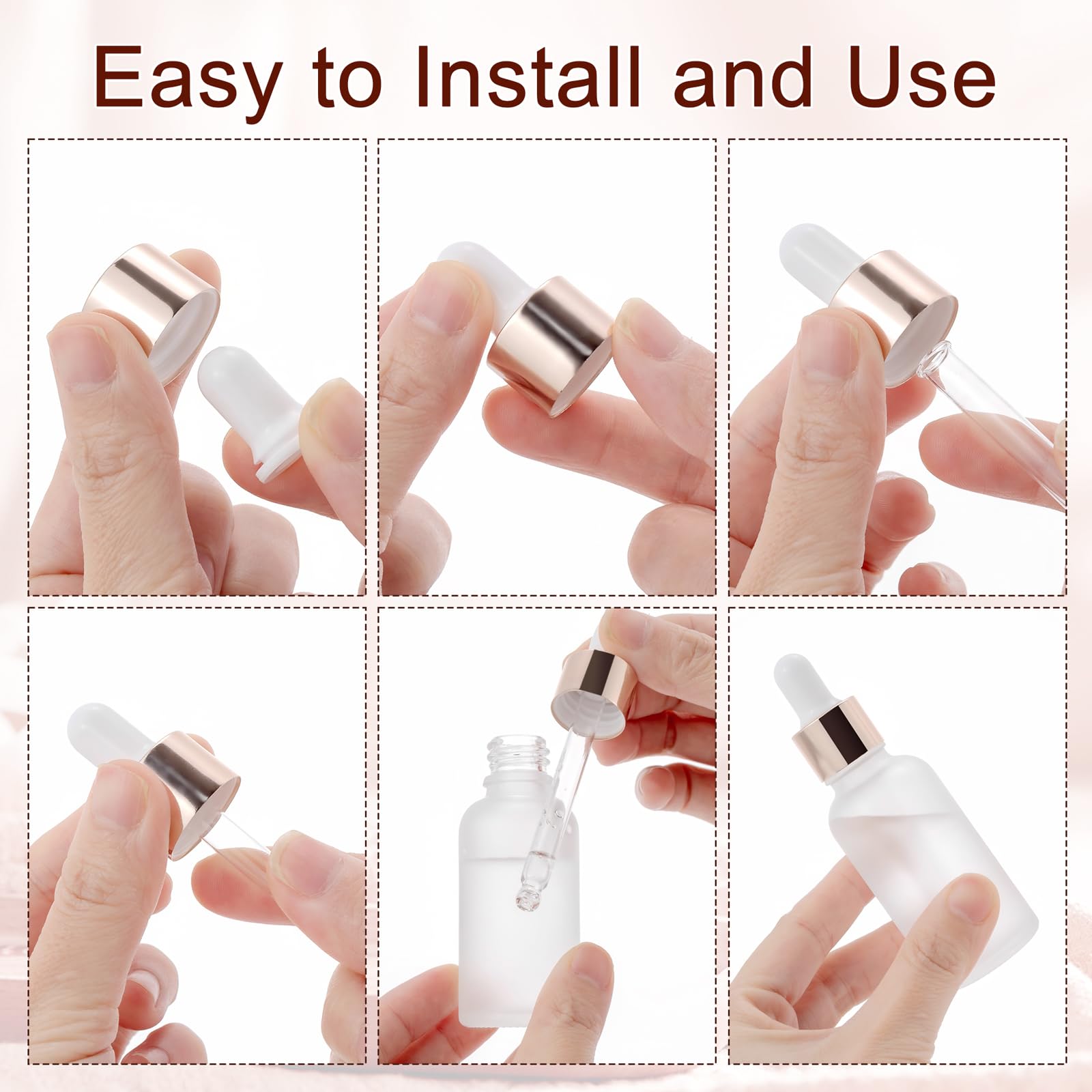 Paquete de 30 frascos cuentagotas de vidrio esmerilado de 30 ml para aceites esenciales, botellas cuentagotas de ojos de 1 onza con tapas de oro rosa para viajes, pequeños frascos de tintura de