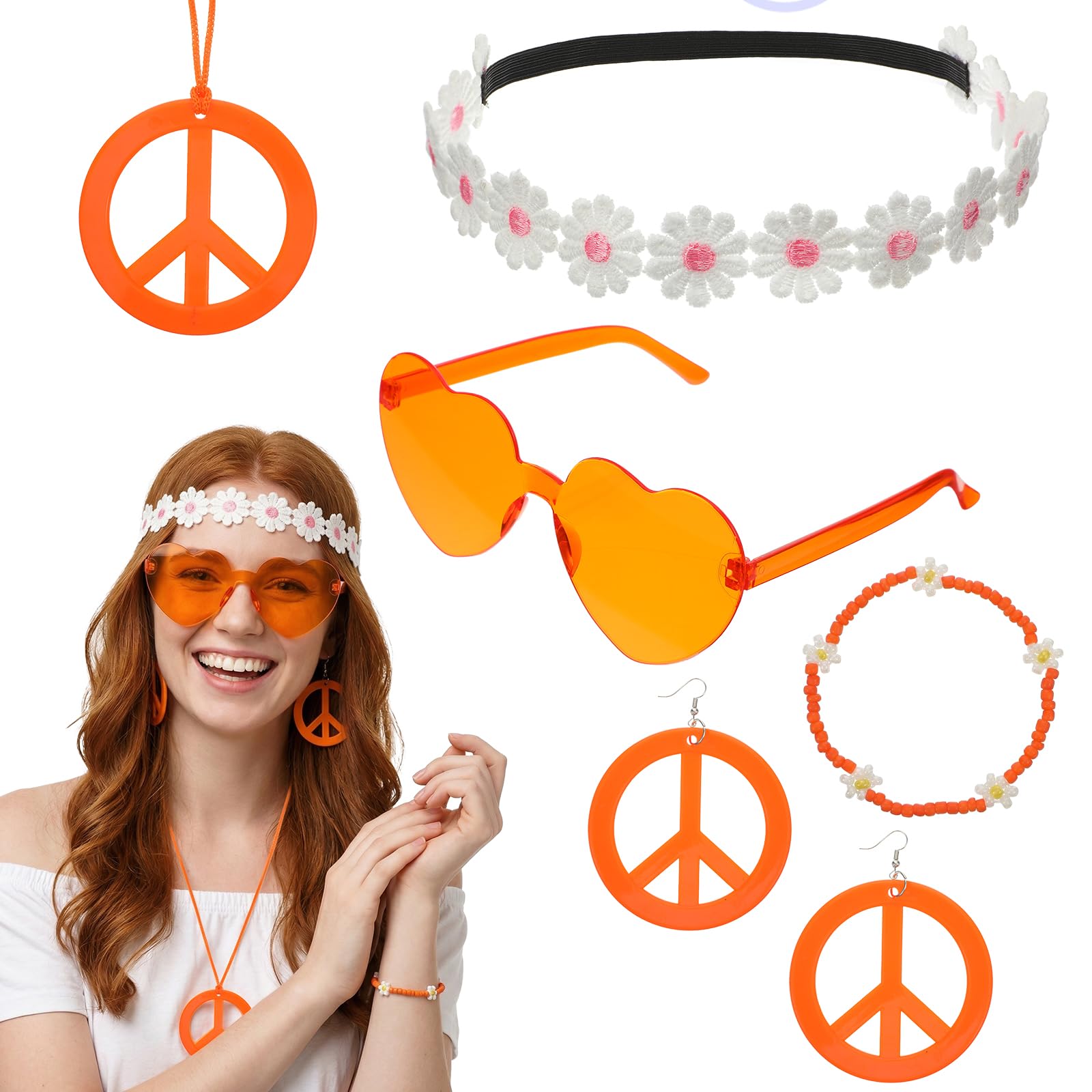 Hpmjz 6Pcs Hippie Costume Accessories Set, Boho Peace Sign Daisy Flower Heart Hippie Sunglasses and Peace Sign Necklaces and Earrings 60s 70s Party Favors Decorations for Halloween Party Girls Women