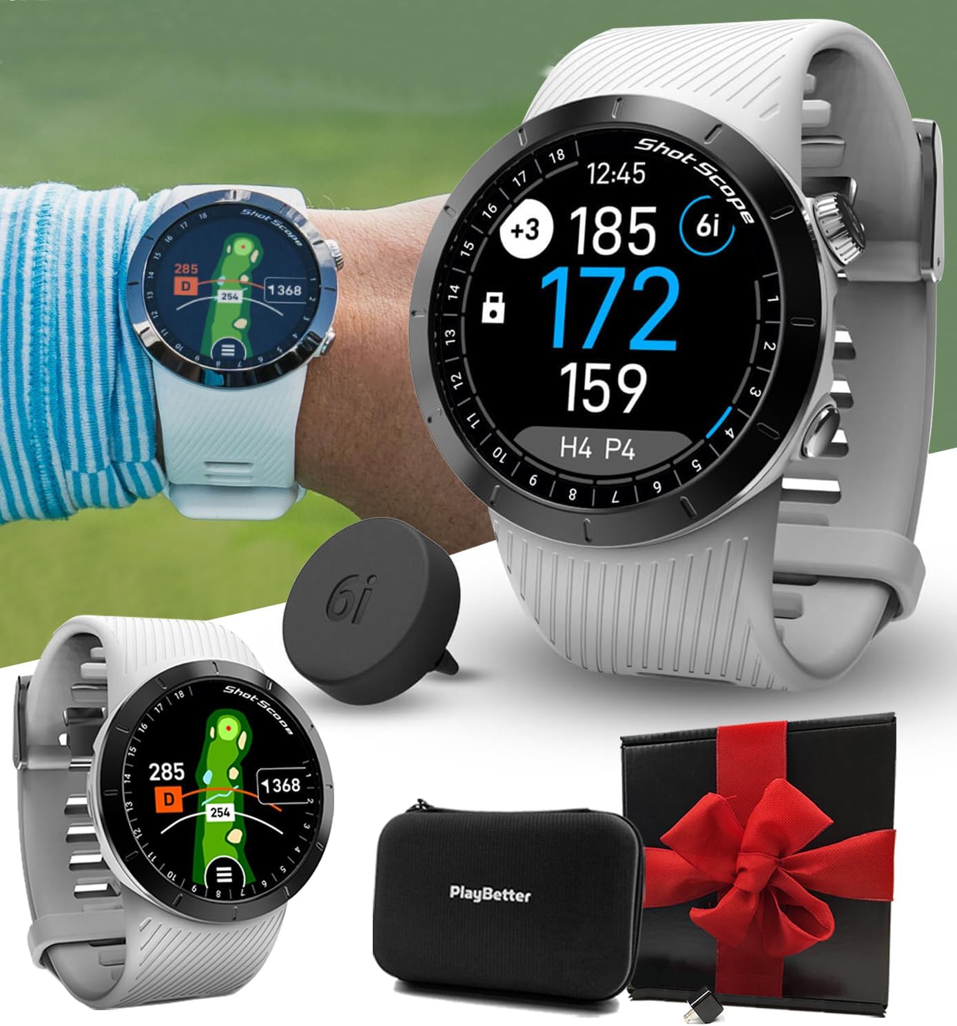 Shot Scope X5 (Prestige White) Golf GPS Watch | Gift Box Bundle with PlayBetter Wall Adapter, Case, 16 x 2nd Generation Shot Tracking Tags | Touchscreen, F/M/B Distances, & Accurate Shot Detection