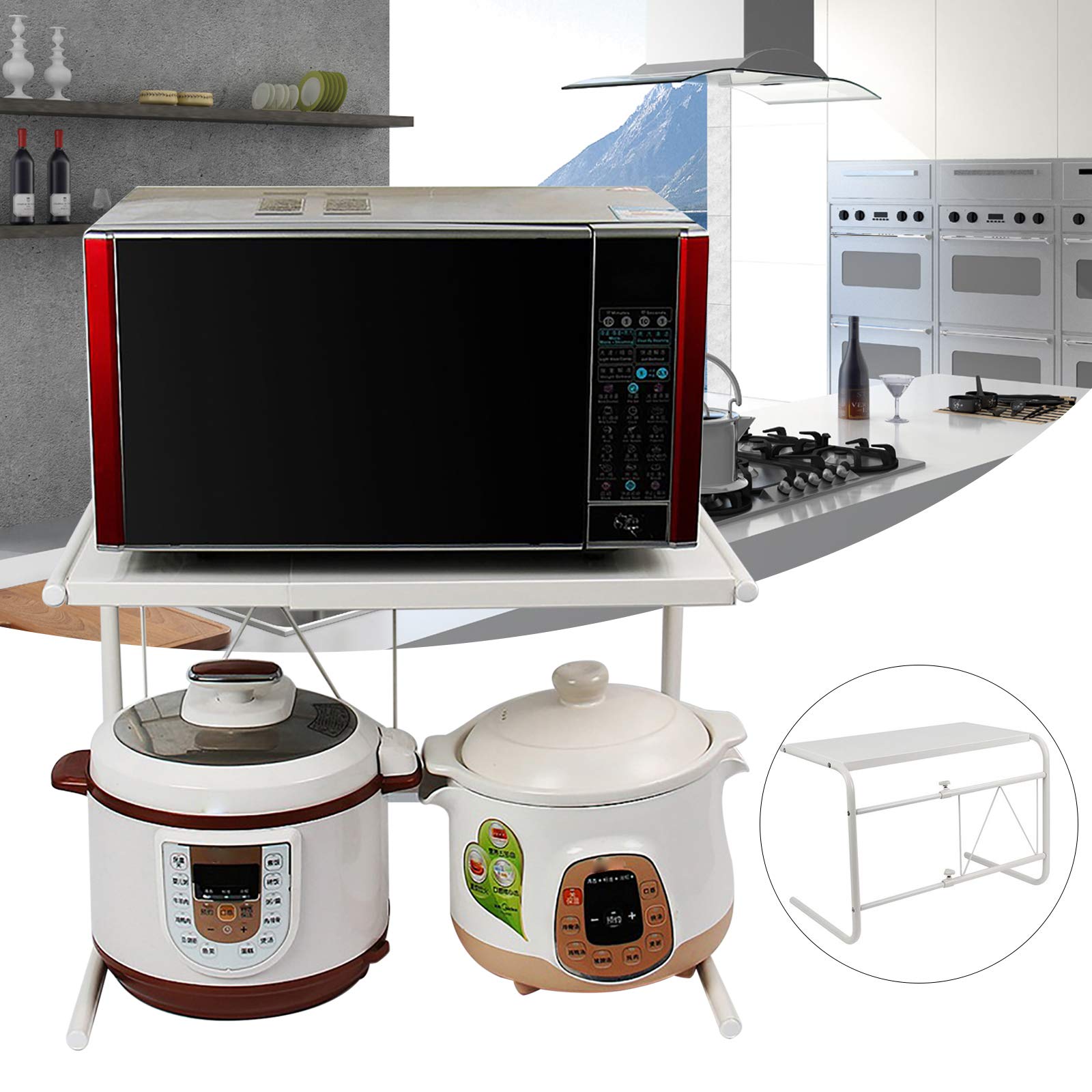 Étagère à micro-ondes extensible à 2 niveaux en acier au carbone Étagère de cuisine extensible Support micro-ondes multifonction Étagère de cuisine Organisateur