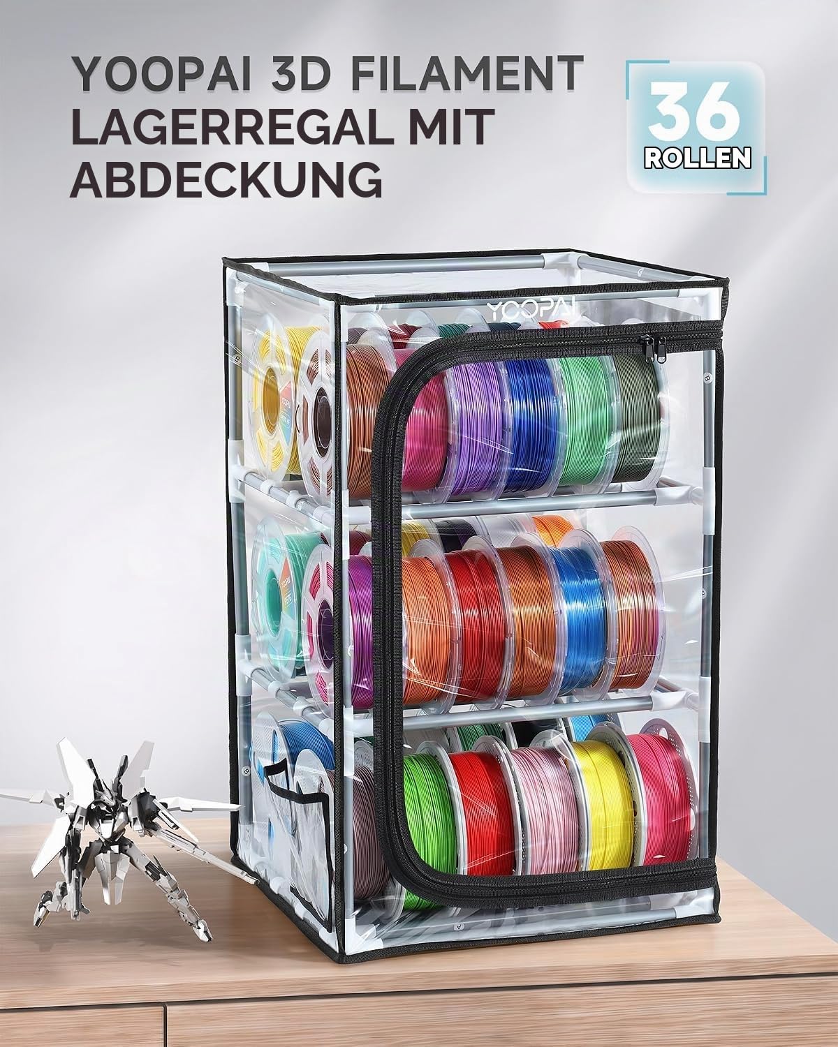 YOOPAI Filament Aufbewahrungsbox, 3-stöckiges Metall Regal mit transparenter Abdeckung & Trockenmittel – Für 30 Rollen (PLA, ABS, PETG, TPU), luftdichtes Design, platzsparend für Werkstatt & Heim