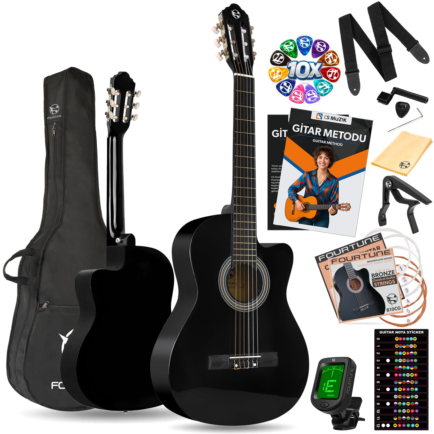 Fourtune Luca CW-200BK Kesik Kasa Siyah Klasik Gitar Seti 4/4…