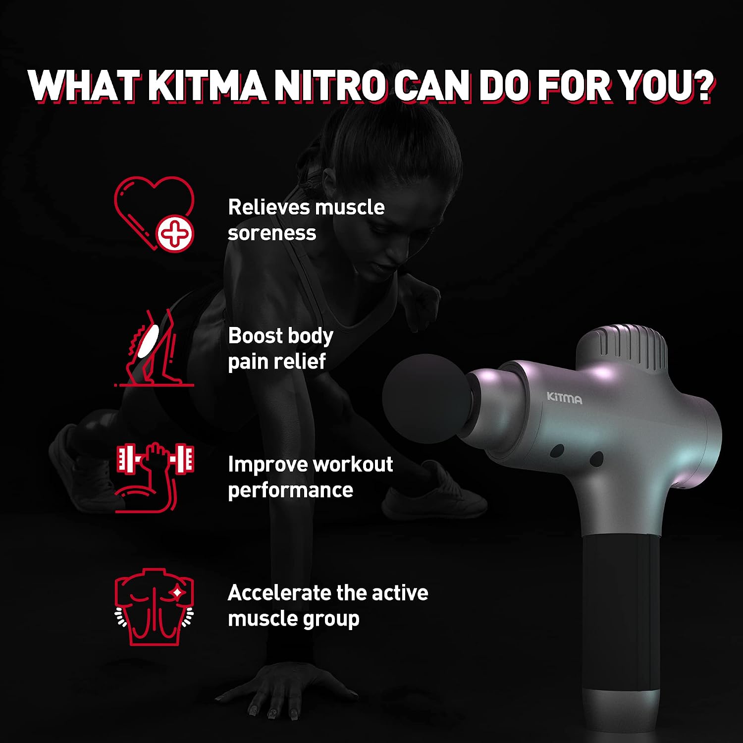 KITMA Nitro Percussion Massage Gun for Athletes - Deep Tissue Muscle Message Guns with 50mm Brushless Motor & 5 Speeds, Neck Back Foot Body Pain Relief, Gift for Men (Grey)