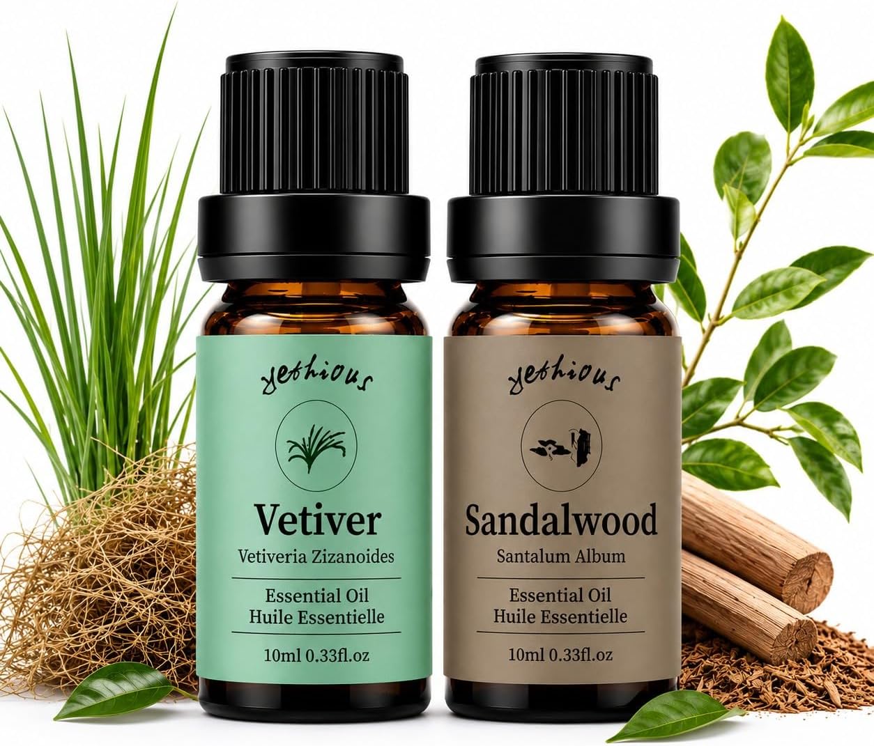 yethious Vetiver Oil Sandalwood Essential Oil Set for Diffuser Meditation | 2 x 10 mL, woody sandalwood and vetiver pairing for candles, incense-inspired DIYs, custom perfume layers and room fragrance