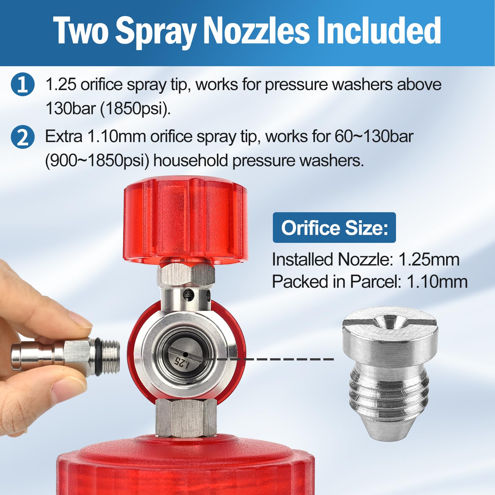 BEARFORCE Idropulitrice in acciaio inox schiuma cannone con 1/4 "Quick Connector & 1.25mm & 1.10mm ugello, lancia schiuma neve regolabile con 1L serbatoio sapone per idropulitrice 800~5000PSI