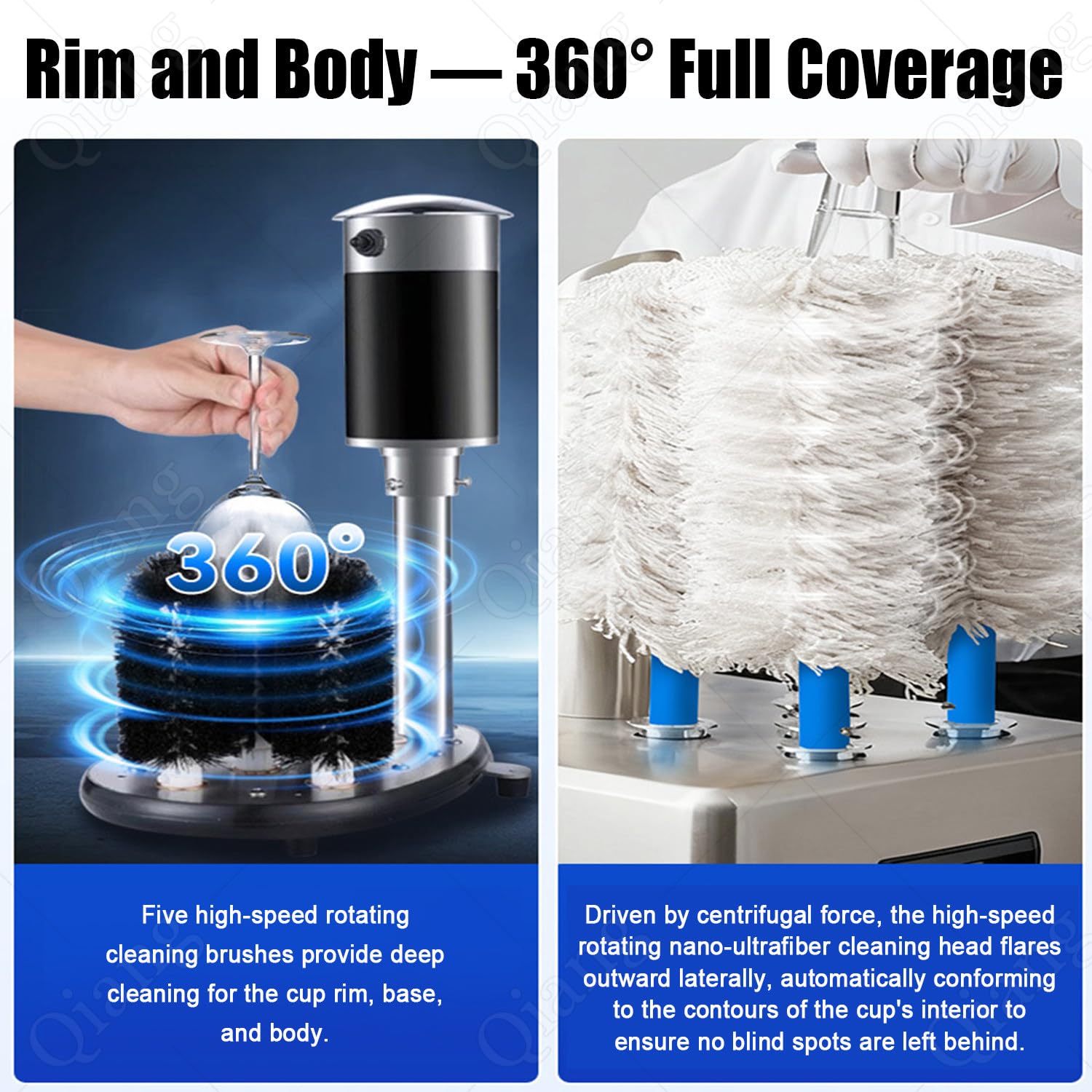 Lavavasos Eléctrico Comercial con 5 Cepillos,Pulidora de Copas en Acero Inoxidable,Limpieza Eficiente 360°, Secado Rápido,Sin Manchas ni Huellas Dactilares,Adecuado para Copas,Vasos