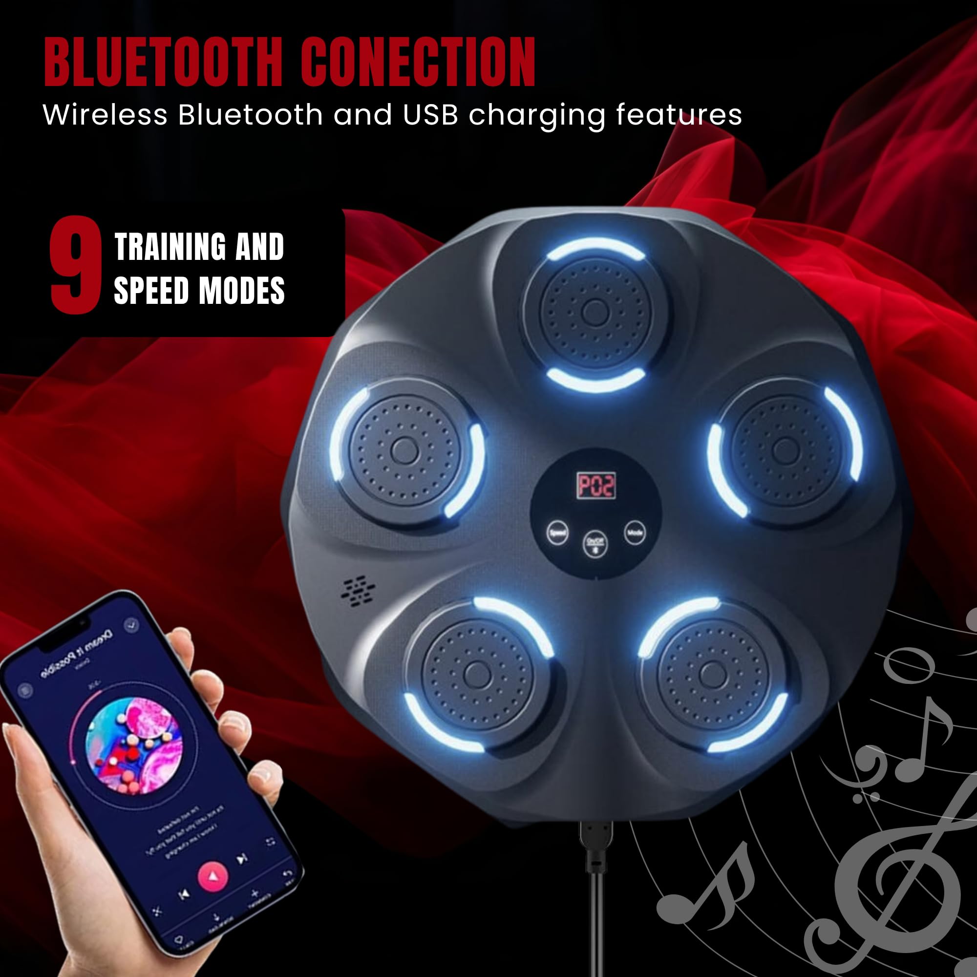MAGIC SELECT Máquina de Boxeo Musical Equipo de Entrenamiento para Pared con LED, Guantes de Boxeo, Bluetooth y Luces al Ritmo de la Música. Maquina de Boxeo para Niños/Adultos. (9 Modos, 43x43 cm)