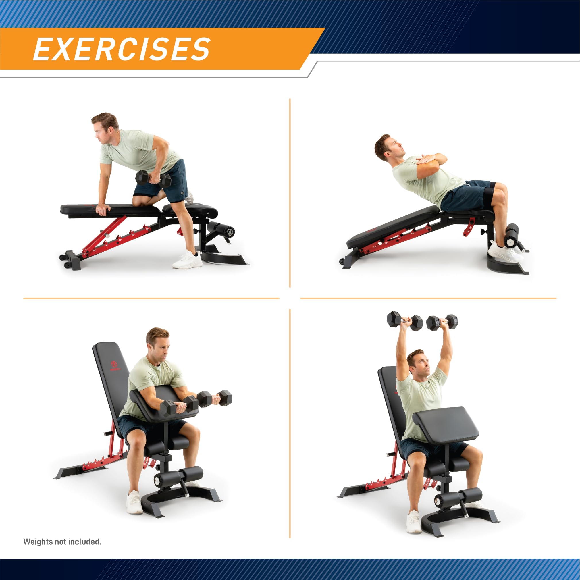 Marcy - Banco de entrenamiento para gimnasio en casa, banco de entrenamiento resistente con respaldo de 7 posiciones, inclinado plano, cojín de curvatura de predicador, anclaje de piernas | Carga Máxima 135 kg, Soporte De Bíceps En 3 Alturas, Desarrollado