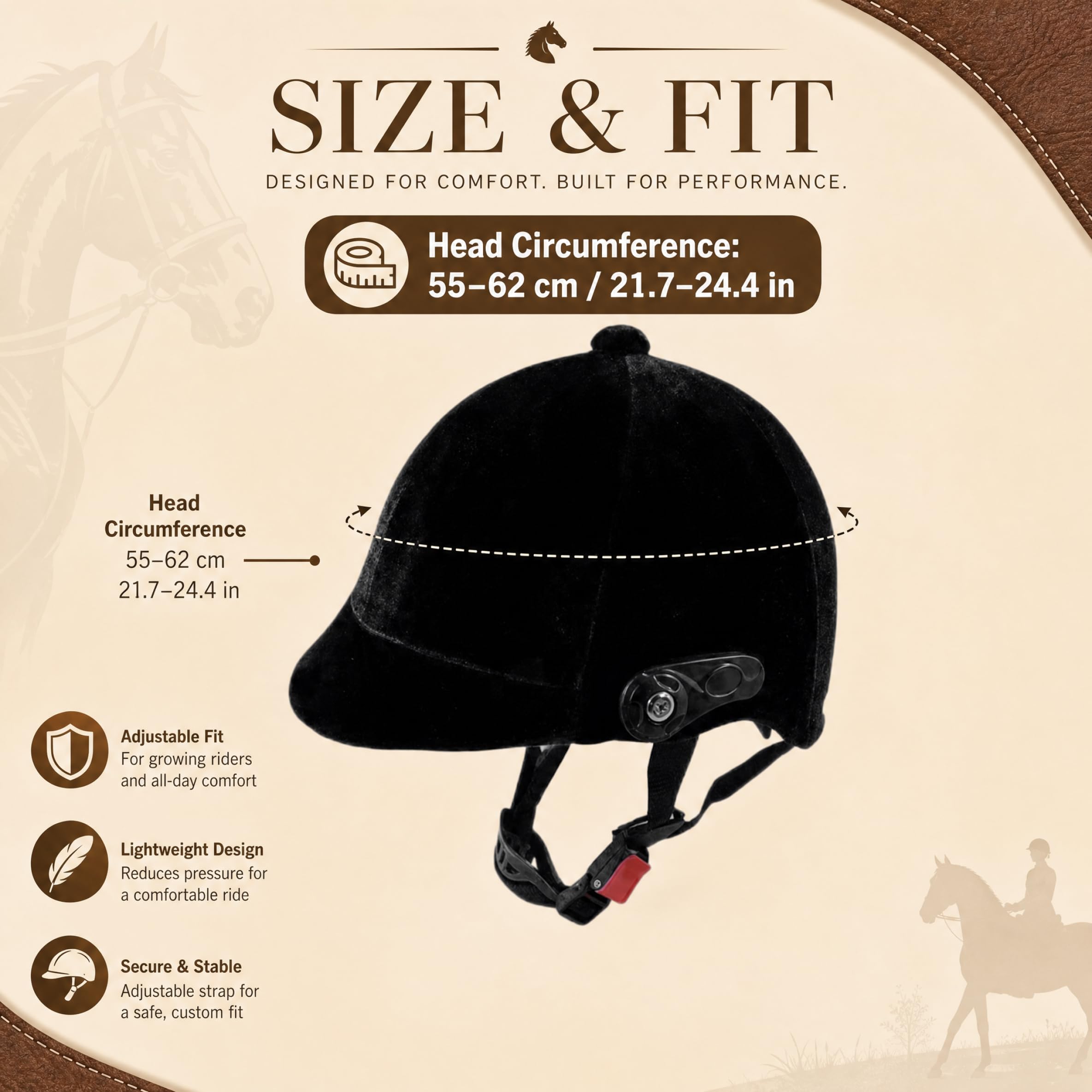 Casco da Equitazione, Regolabile, Nero, 55-62 cm