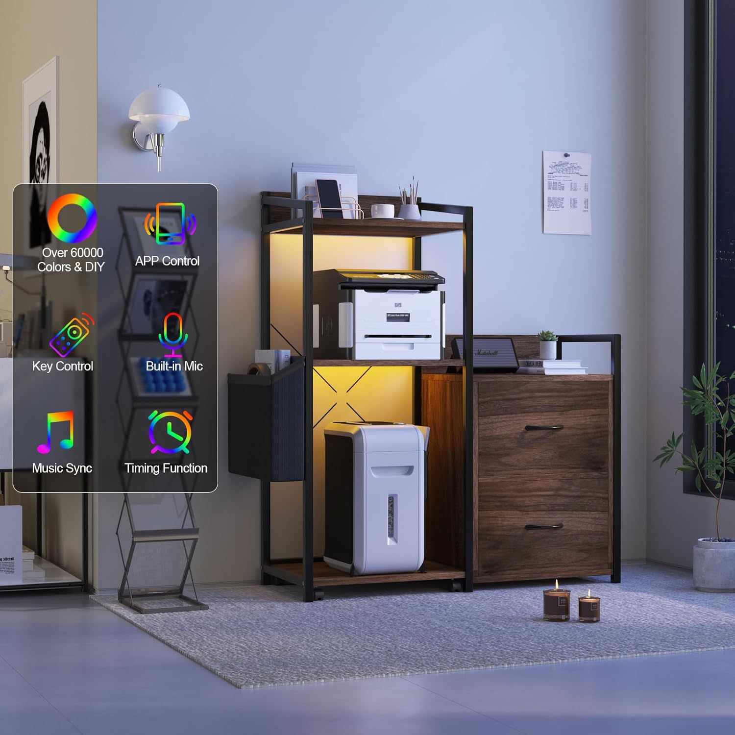38” File Cabinet Fits Letter/a4 Size, 2 Drawe File Cabinets for Home Office with Power Strip, LED Lights, Printer Cabinet Wirh Open Shelf