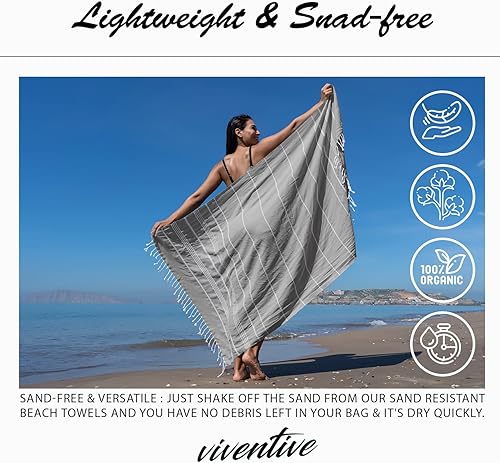 Miniatura 2 de Viventive - Toalla de playa turca de 37 x 70pulgadas, hecha de 100% algodón, ultrasuave y absorbente, de secado rápido, para playa, baño, yoga,